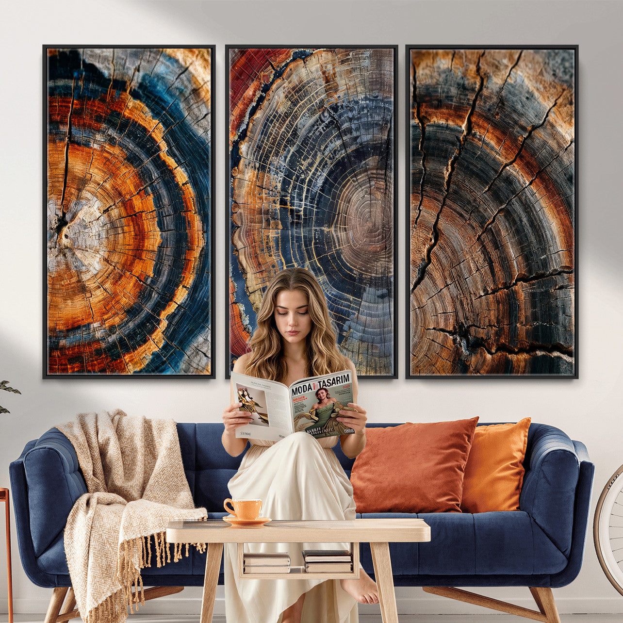 4712069W1-MGV-CV-48X32-3P - Tree Ring Triptych Canvas Wall Art — Set of 3 Wood Grain Print | Rustic Nature Decor | Earth Tone Wall Art | Unique Living Room Art Gift