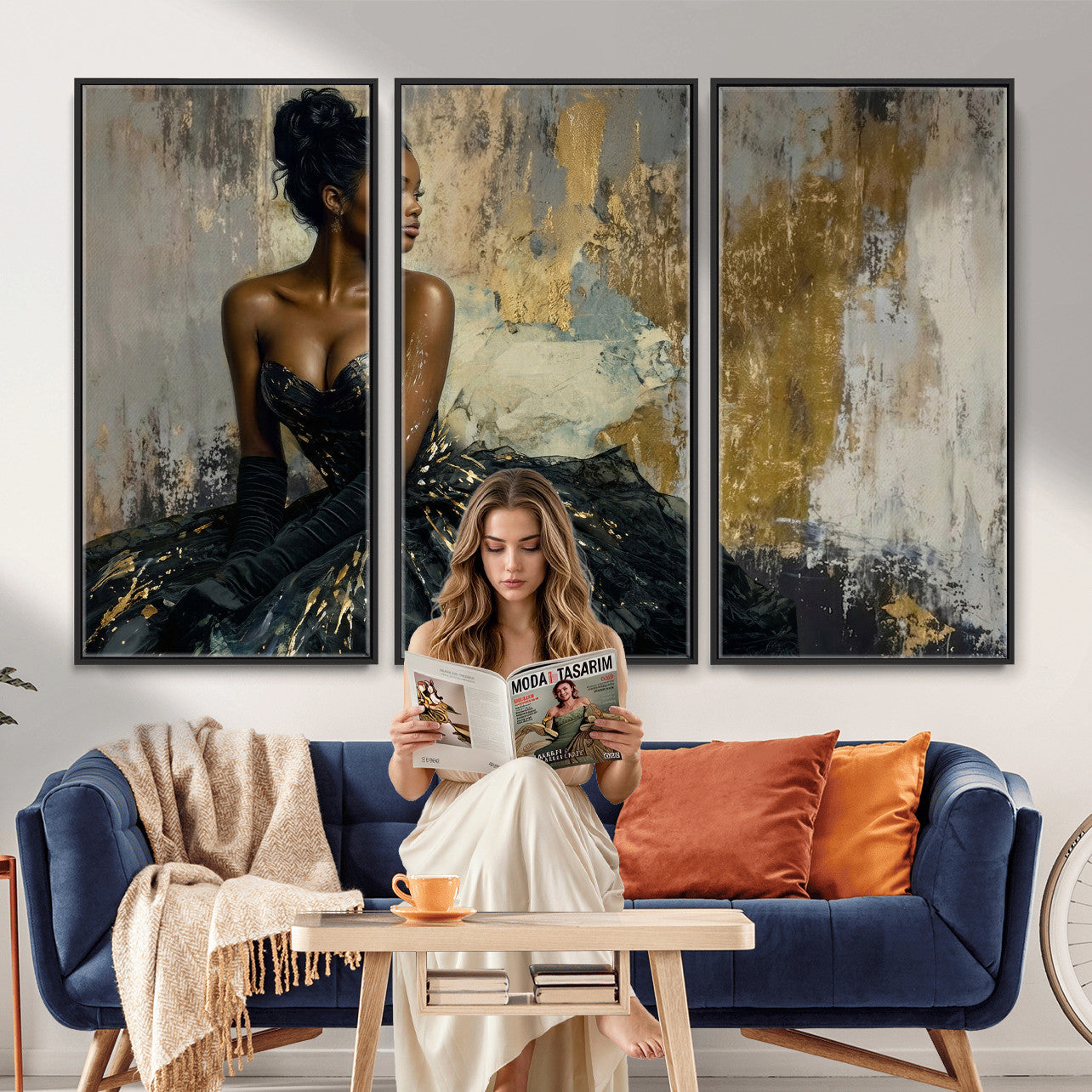 4712069Z1-MGV-CV-36X24 - Elegant Woman Canvas Wall Art — Black Gold Gown Fashion Print | Luxury Glam Wall Decor | African American Art | Bold Bedroom Wall Art Gift