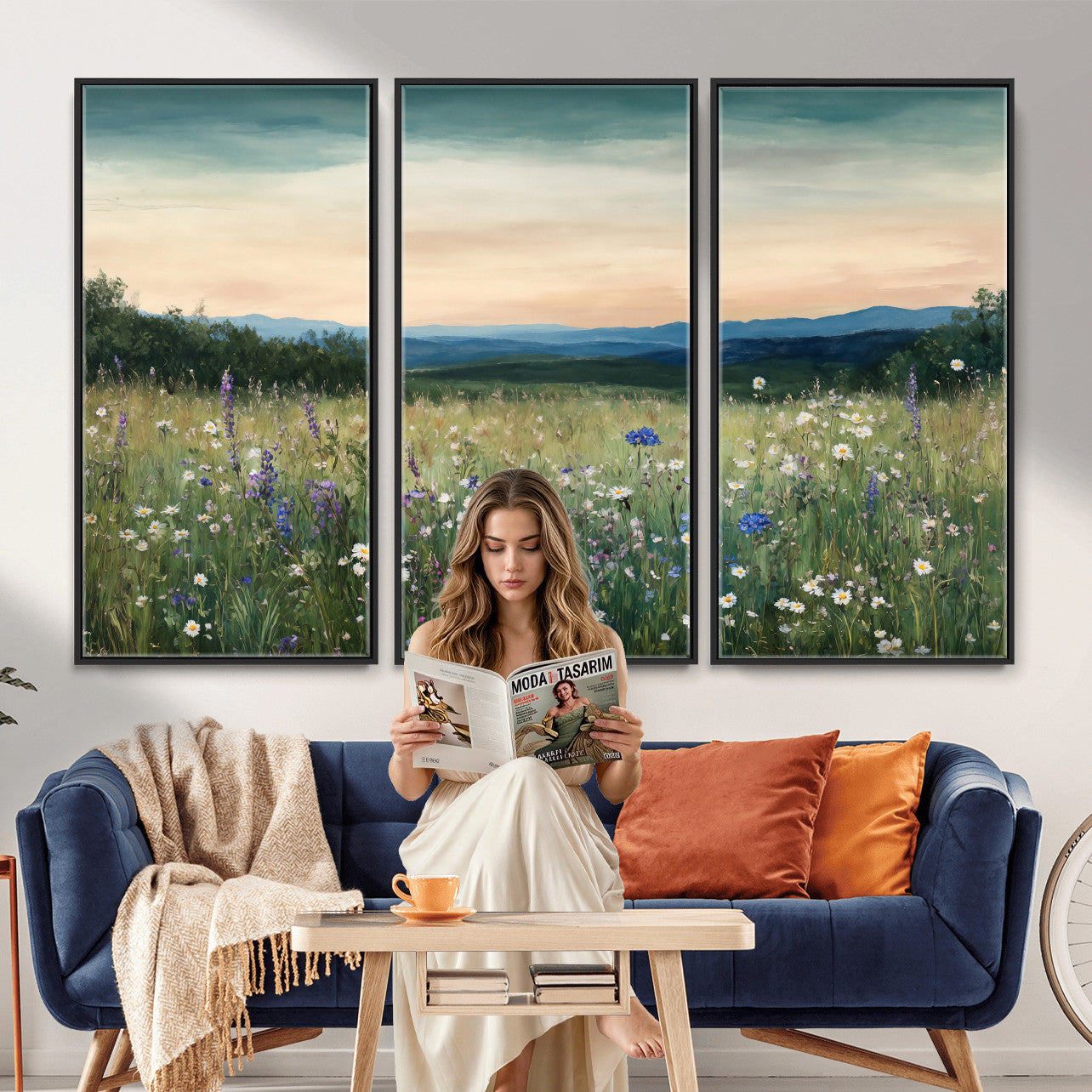 35773805-MGV-CV-36X24 - Wildflower Meadow Oil Painting Canvas Print - Daisy Lavender Mountain Sunset Print | Cottagecore Floral Wall Art - Bedroom Decor Gift for Her