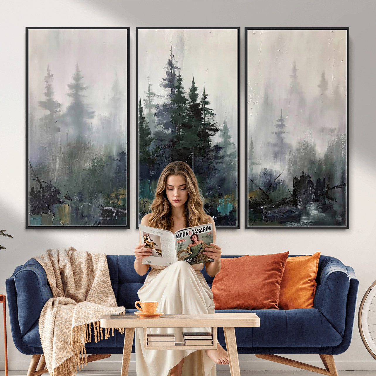 94143325-MGV-CV-36X24 - Misty Pine Forest Oil Painting Canvas — Dark Moody Teal Grey Tree Print | Japandi Scandinavian Wall Art | Minimalist Nature Decor Gift