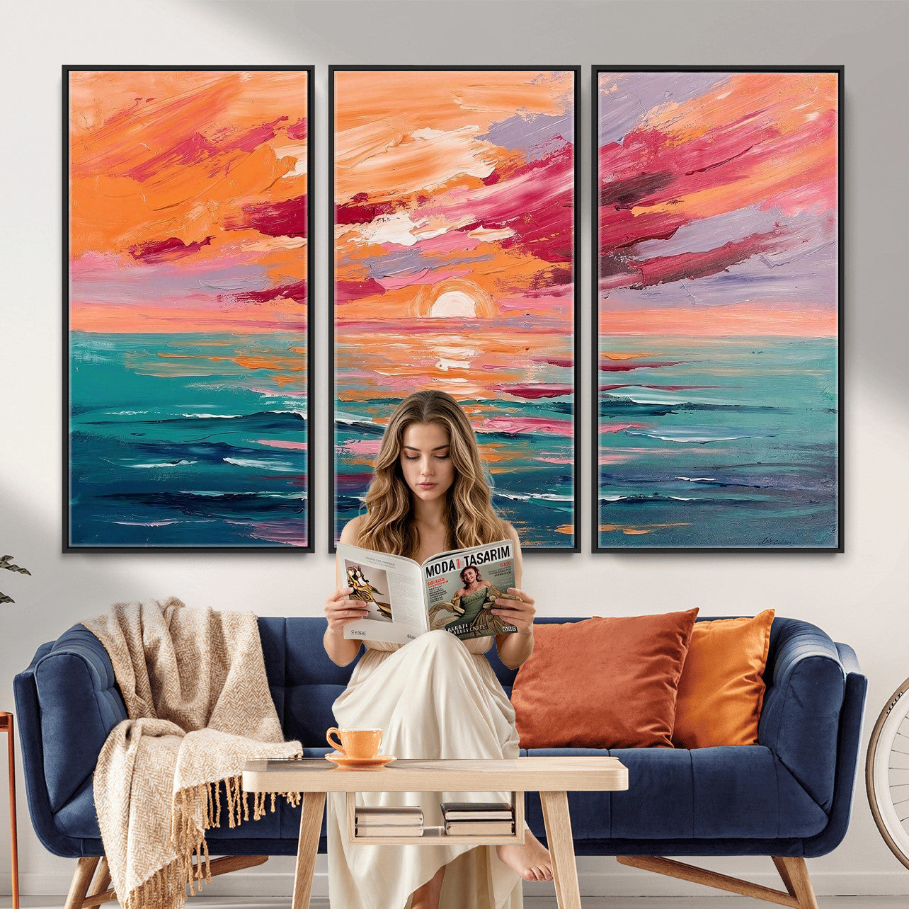 26763902-MGV-CV-36X24 - Bold Palette Knife Ocean Sunset Canvas — Orange Pink Teal Expressionist Sea Print | Colorful Coastal Wall Art | Vibrant Beach Decor Gift