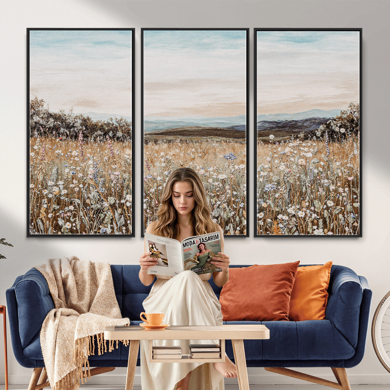 F35773805-MGV-CV-36X24 - Neutral Wildflower Field Canvas Wall Art — Beige Earth Tone Botanical Meadow Print | Farmhouse Boho Decor | Bedroom Living Room Gift Her