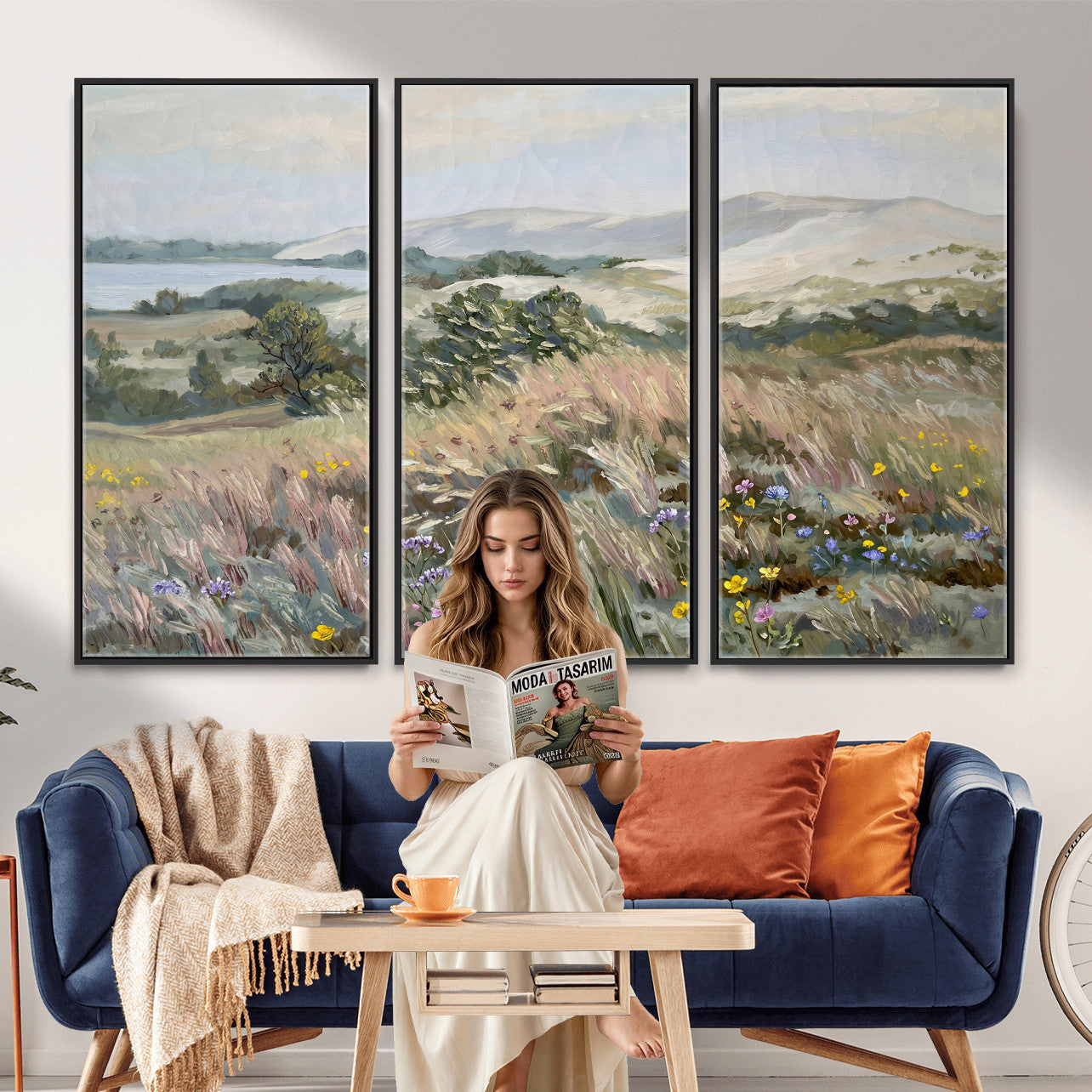 18013232-MGV-CV-36X24 - Katie Staples Hillside Canvas Wall Art — Coastal Wildflower Dune Oil Painting Print | Muted Green Nature Decor | Plein Air Landscape Gift