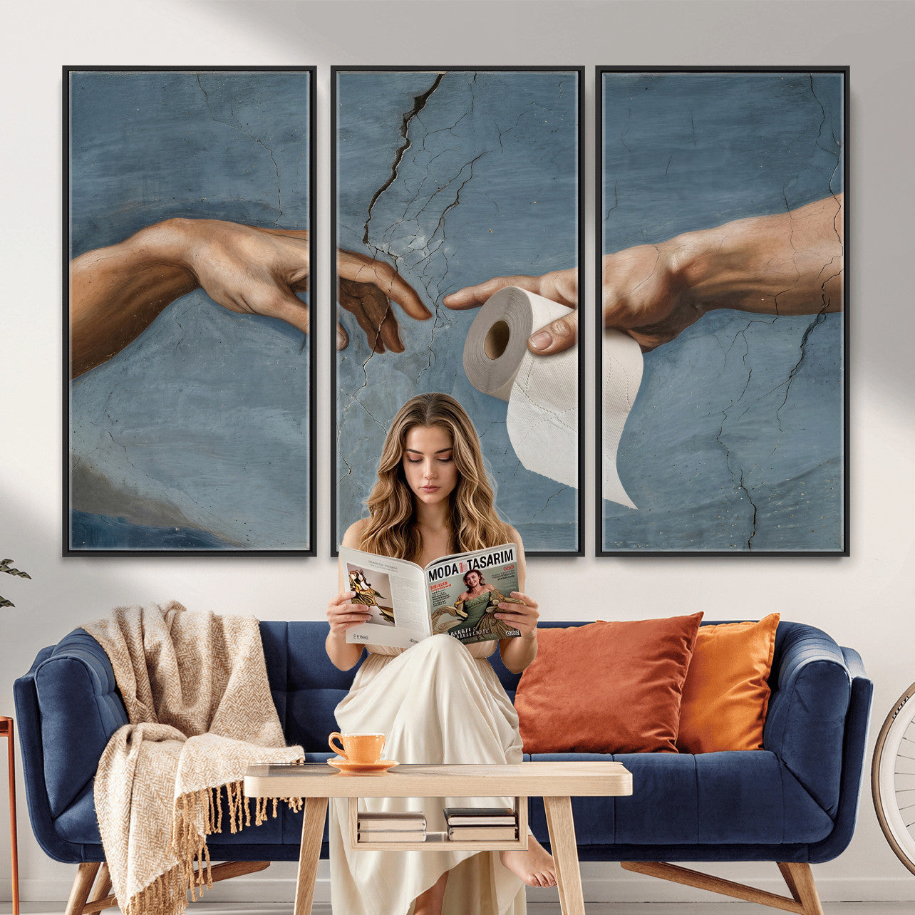 42648143-MGV-CV-36X24 - Funny Bathroom Canvas Wall Art, Michelangelo Creation of Adam Toilet Paper Parody, Renaissance Humor Print, Quirky Housewarming Gift, Toilet Room Decor