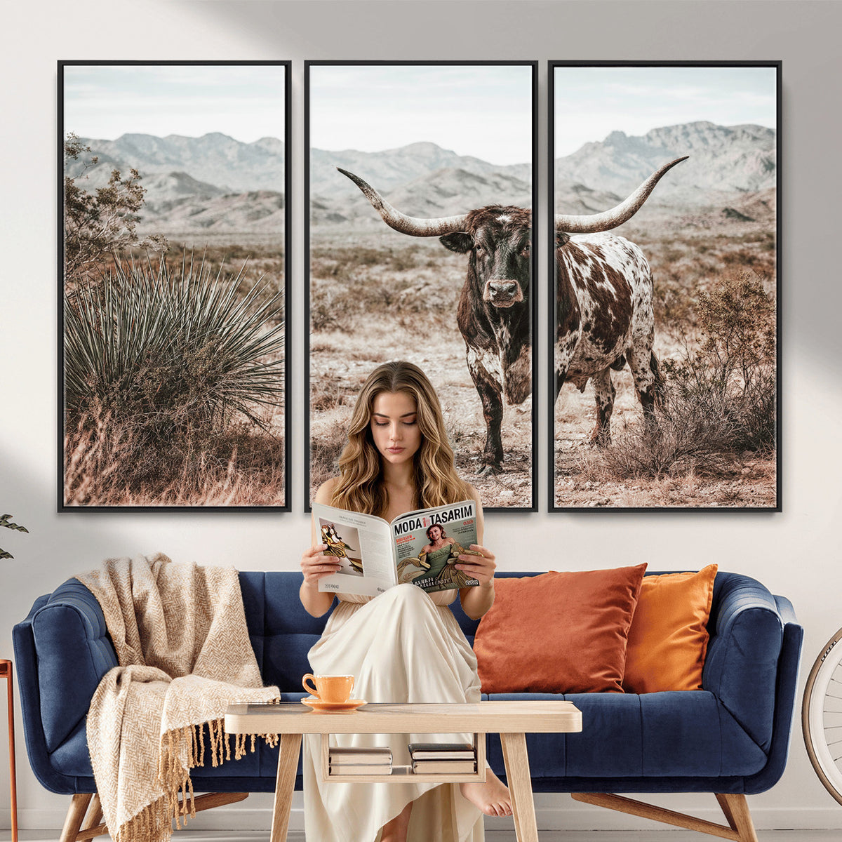 17622011H-MGV-CV-36X24 - Texas Longhorn Bull Wall Art Canvas Print, Western Farmhouse Cowboy Decor, Rustic Texas Ranch Cattle Artwork for Living Room Bedroom Office, Framed Wall Decor