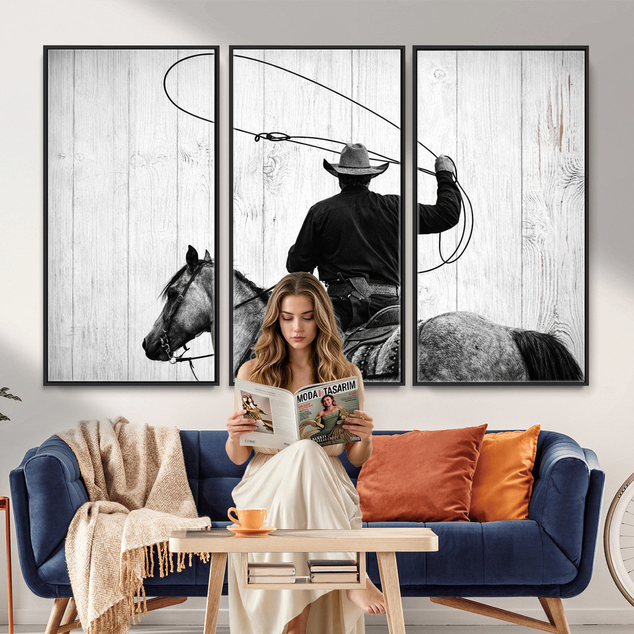 22569358-MGV-CV-36X24 - Cowboy Lasso Canvas Wall Art, Black White Western Horse Photo Print, Rustic Ranch Rodeo Decor, Farmhouse Western Art, Cowboy Gift for Him