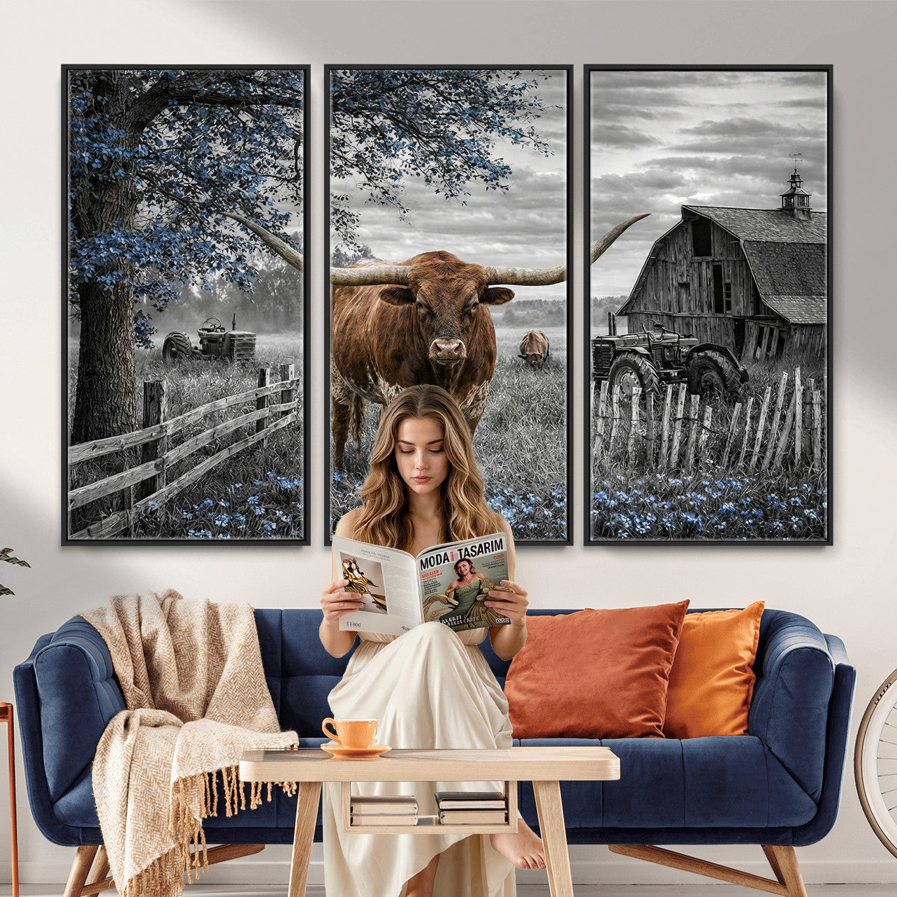 19366343-MGV-CV-36X24 - Texas Longhorn Canvas Wall Art, Rustic Farm Barn Bluebonnet Photography Print, Farmhouse Country Decor, Western Ranch Art, Old Truck Tractor Print