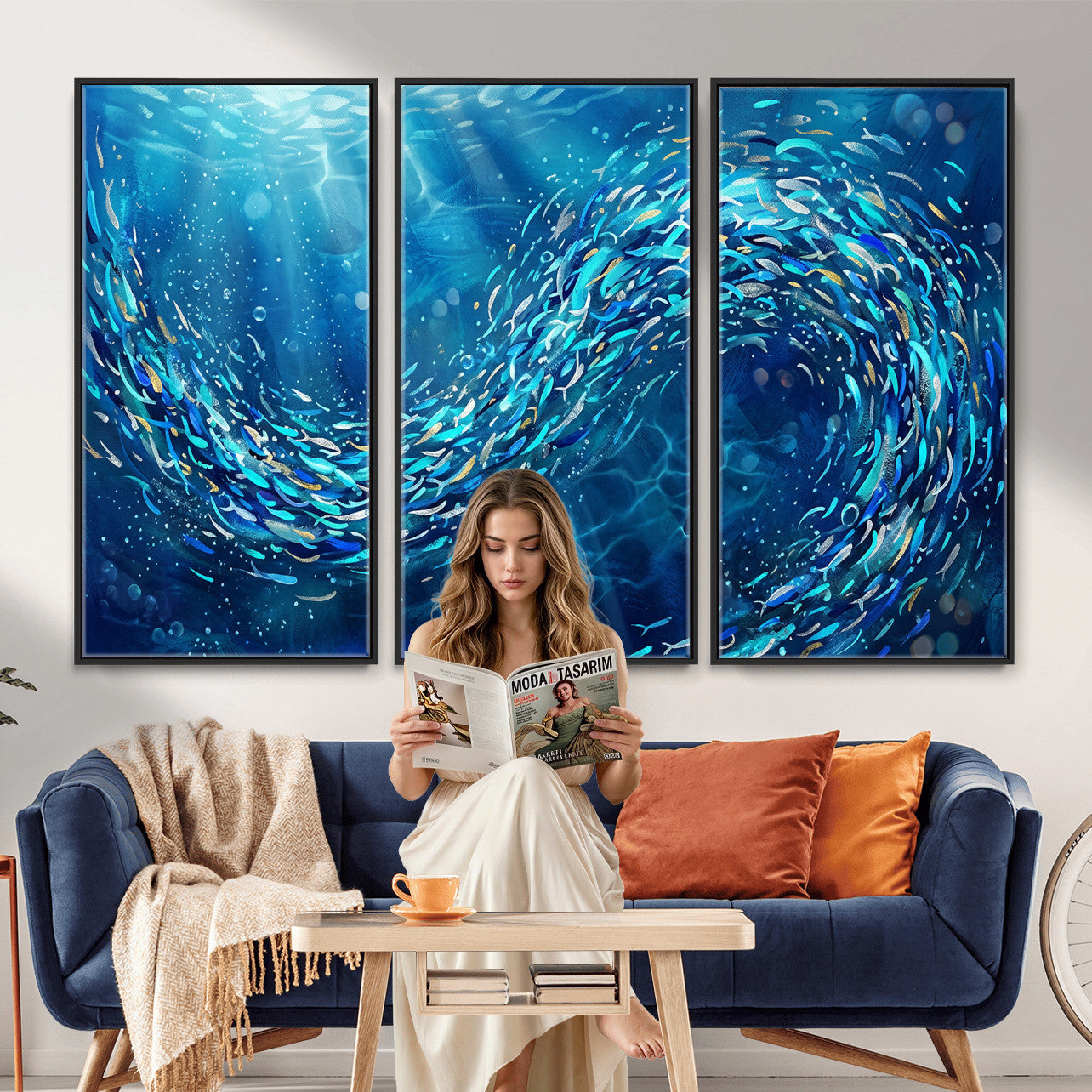 54535639-MGV-CV-36X24 - School of Fish Canvas Print | Blue Ocean Underwater Wall Art | Swirling Fish Shoal Illustration | Marine Navy Coastal Decor