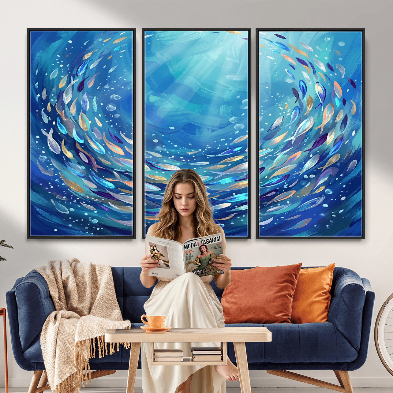 78699899-MGV-CV-36X24 - School of Fish Canvas Print | Blue Ocean Underwater Wall Art | Swirling Fish Shoal Illustration | Marine Navy Coastal Decor