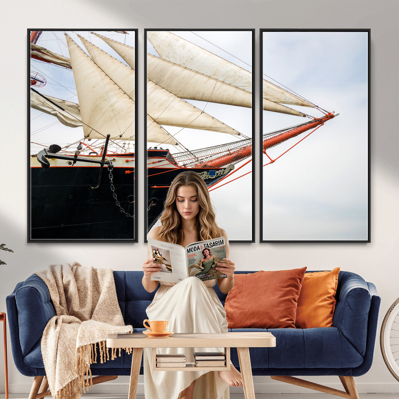 64830036-MGV-CV-36X24 - Sailboat Wall Art Canvas Print, Vintage Ship Bow Framed Artwork, Nautical Sailing Decor for Living Room Office Beach House