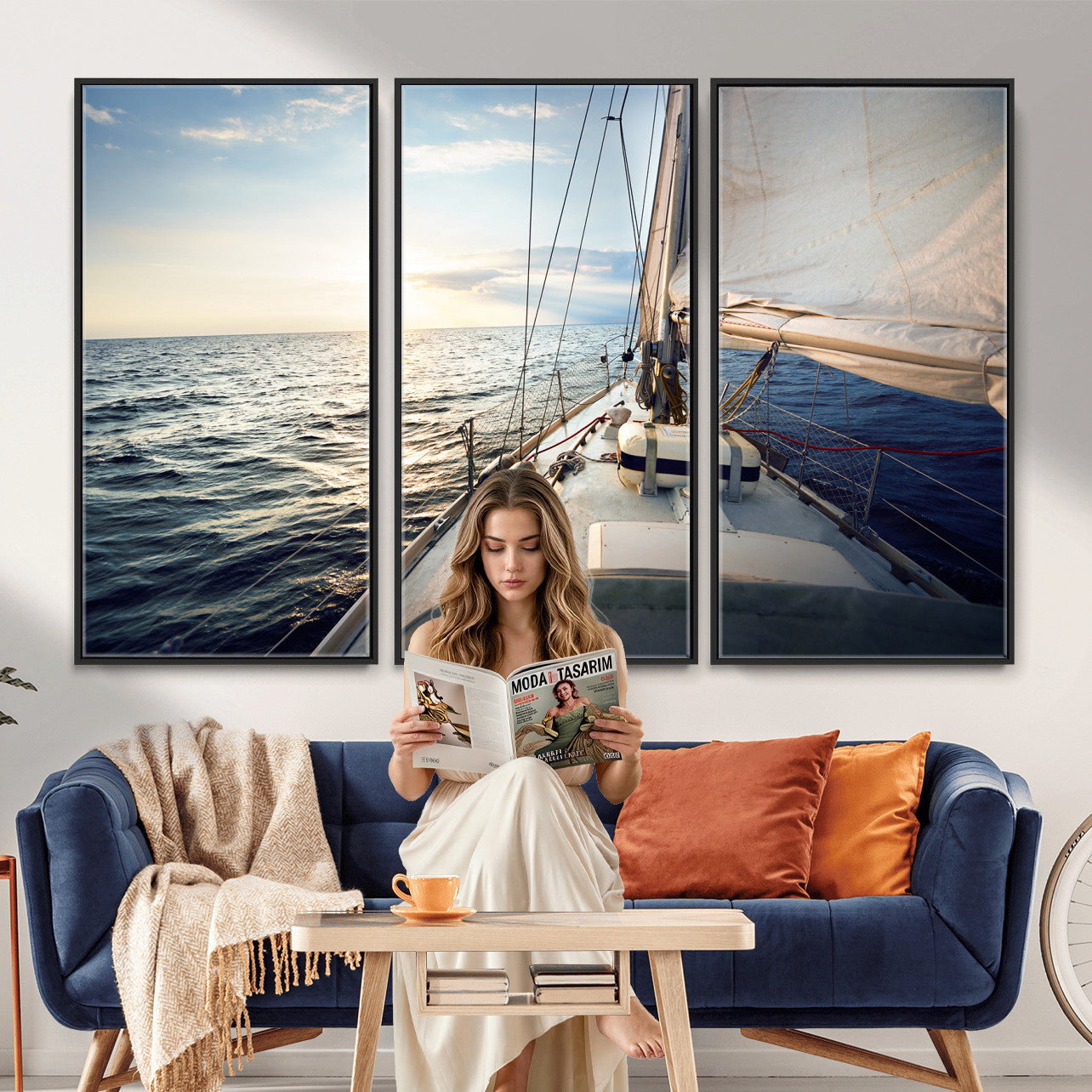 76381335-MGV-CV-36X24 - Sailboat Wall Art Canvas Print, Ocean Sunset Sailing Framed Artwork, Coastal Nautical Seascape Decor for Living Room Office Beach House