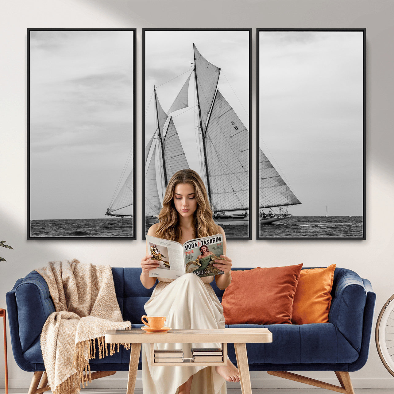 52882918-MGV-CV-36X24 - Vintage Sailboat Wall Art Canvas Print, Black and White Schooner Framed Artwork, Nautical Ocean Sailing Decor for Living Room Office Beach House