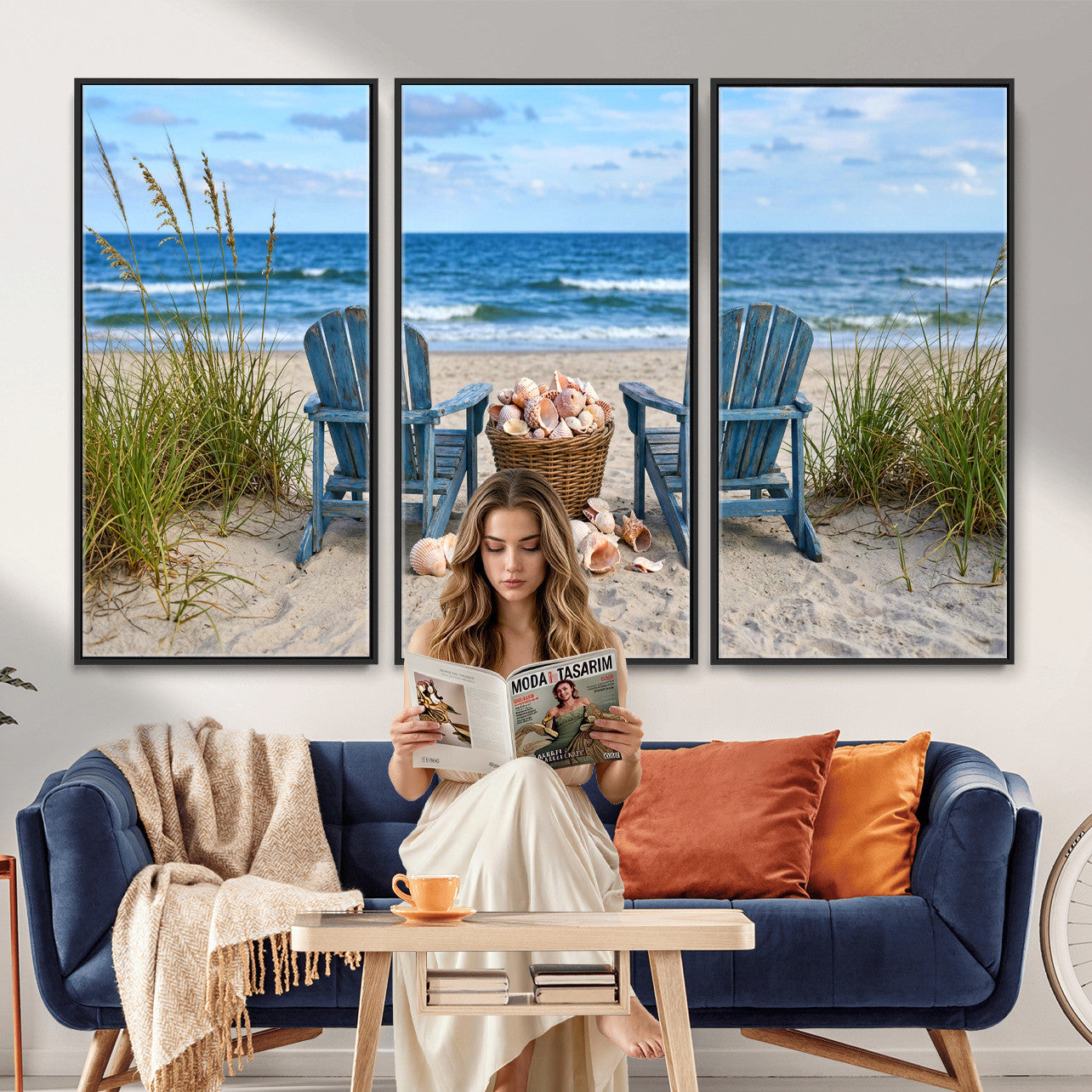 80268829-MGV-CV-36X24 - Large Beach Canvas Wall Art Coastal Adirondack Chairs Ocean Seashells Blue Nautical Framed Large for Living Room Bedroom Bathroom Decor