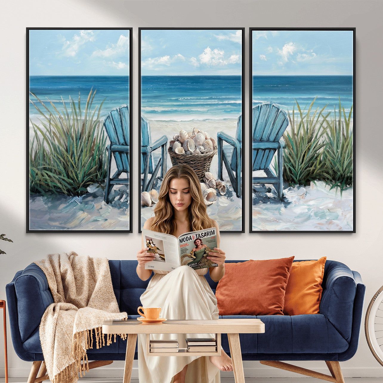 11973028-MGV-CV-36X24 - Beach Canvas Wall Art Coastal Adirondack Chairs Ocean Seashells Blue Nautical Framed Large for Living Room Bedroom Bathroom Decor