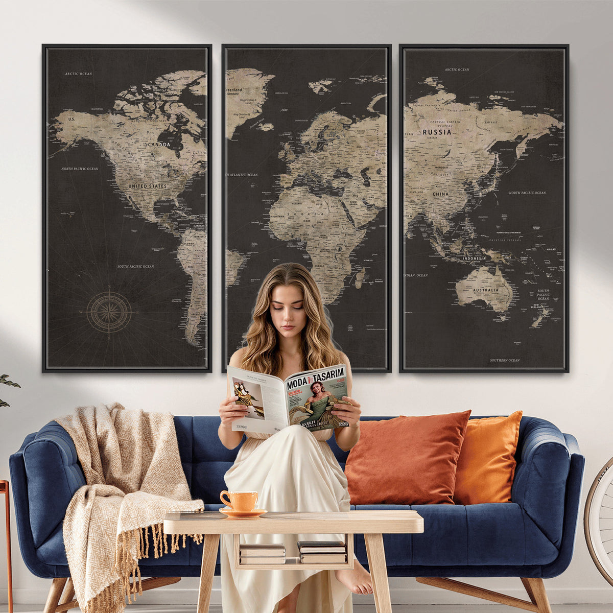 56556018136-MGV-CV-36X24 - World Map Canvas Wall Art, Dark Charcoal and Antique Tan Detailed Map