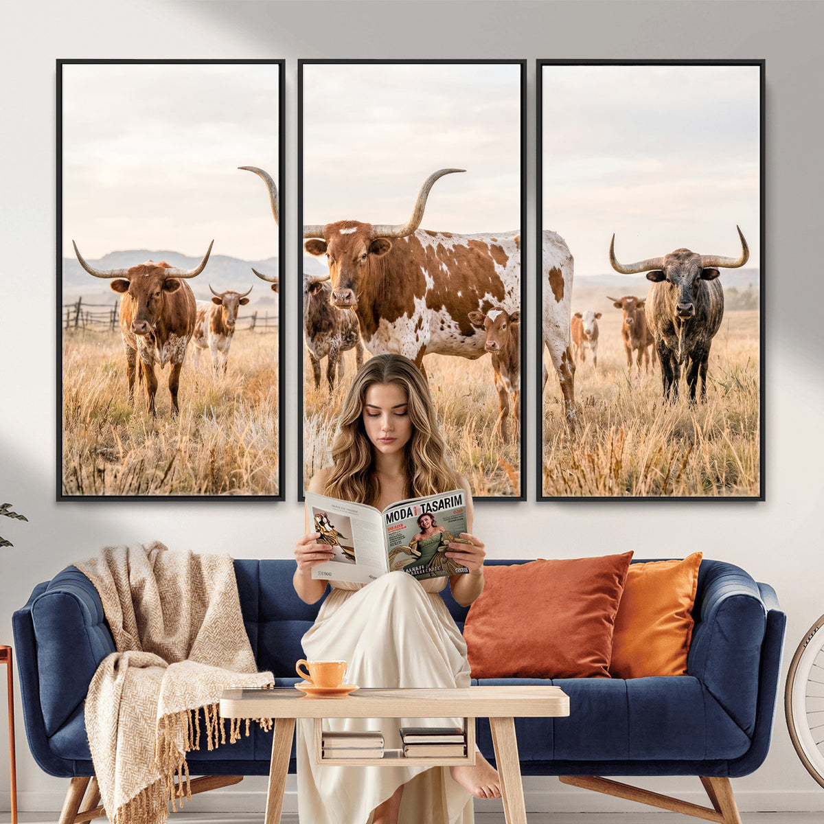 62336425AC-MGV-CV-36X24 - Texas Longhorn Canvas Wall Art, Rustic Farm Animal Photography Print, Farmhouse Country Decor, Western Ranch Art