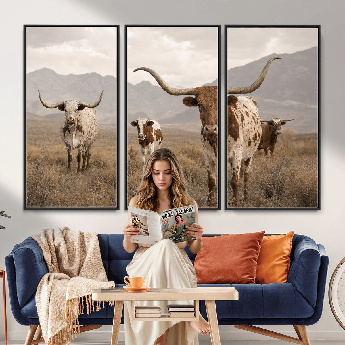 62336425AD-MGV-CV-36X24 - Rustic Texas Longhorn Cow Canvas Wall Art Print, Rustic Farm Animal Photography Print, Farmhouse Country Decor, Western Ranch Art