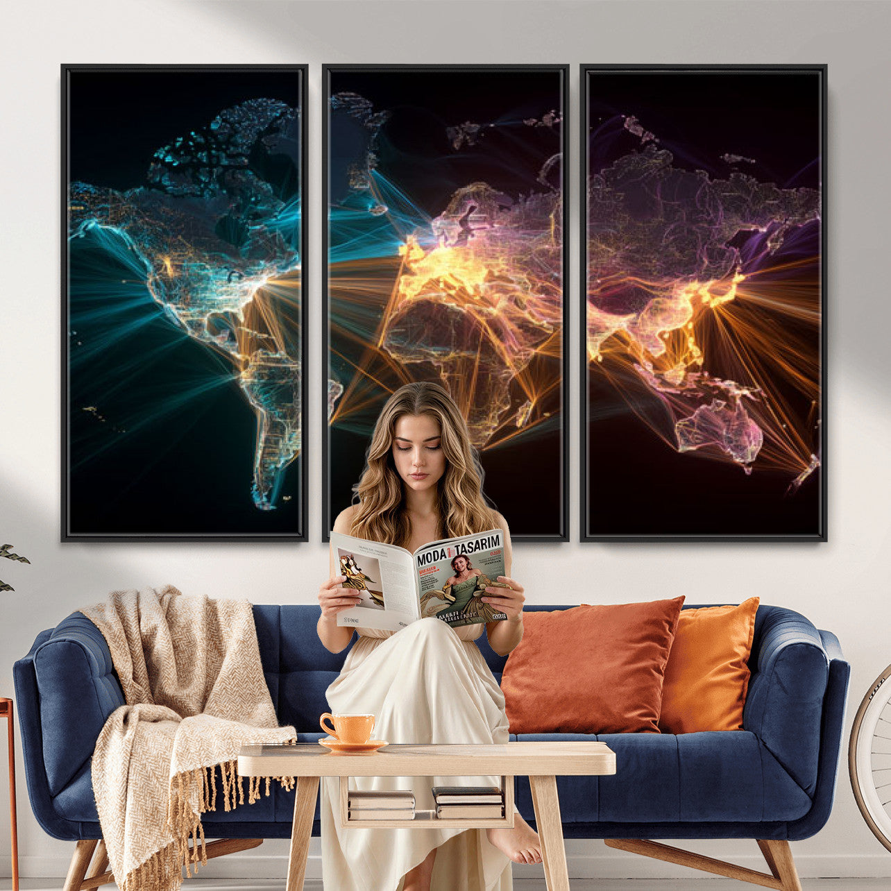 14891737-MGV-CV-36X24 - World Map and Global Flight Routes Map Canvas Wall Art, Worldwide Aviation Network Print, International Air Travel Wall Decor