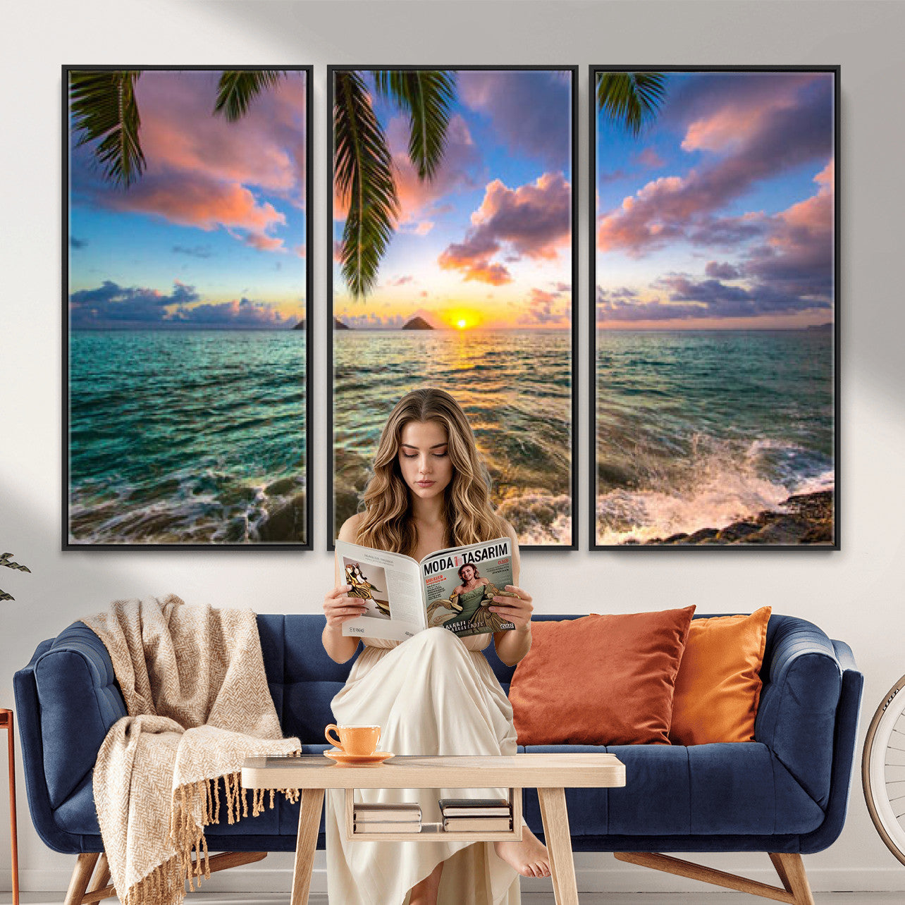 13207742-MGV-CV-36X24 - Hawaii Beach Sunset Canvas Wall Art Print, Tropical Ocean Landscape Artwork, Palm Tree Coastal Decor for Living Room Bedroom