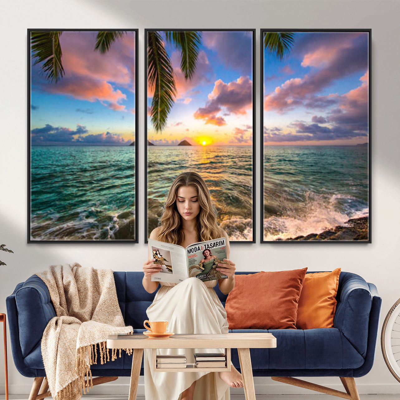 13207742-MGV-CV-36X24 - Hawaii Beach Sunset Canvas Wall Art Print, Tropical Ocean Landscape Artwork, Palm Tree Coastal Decor for Living Room Bedroom