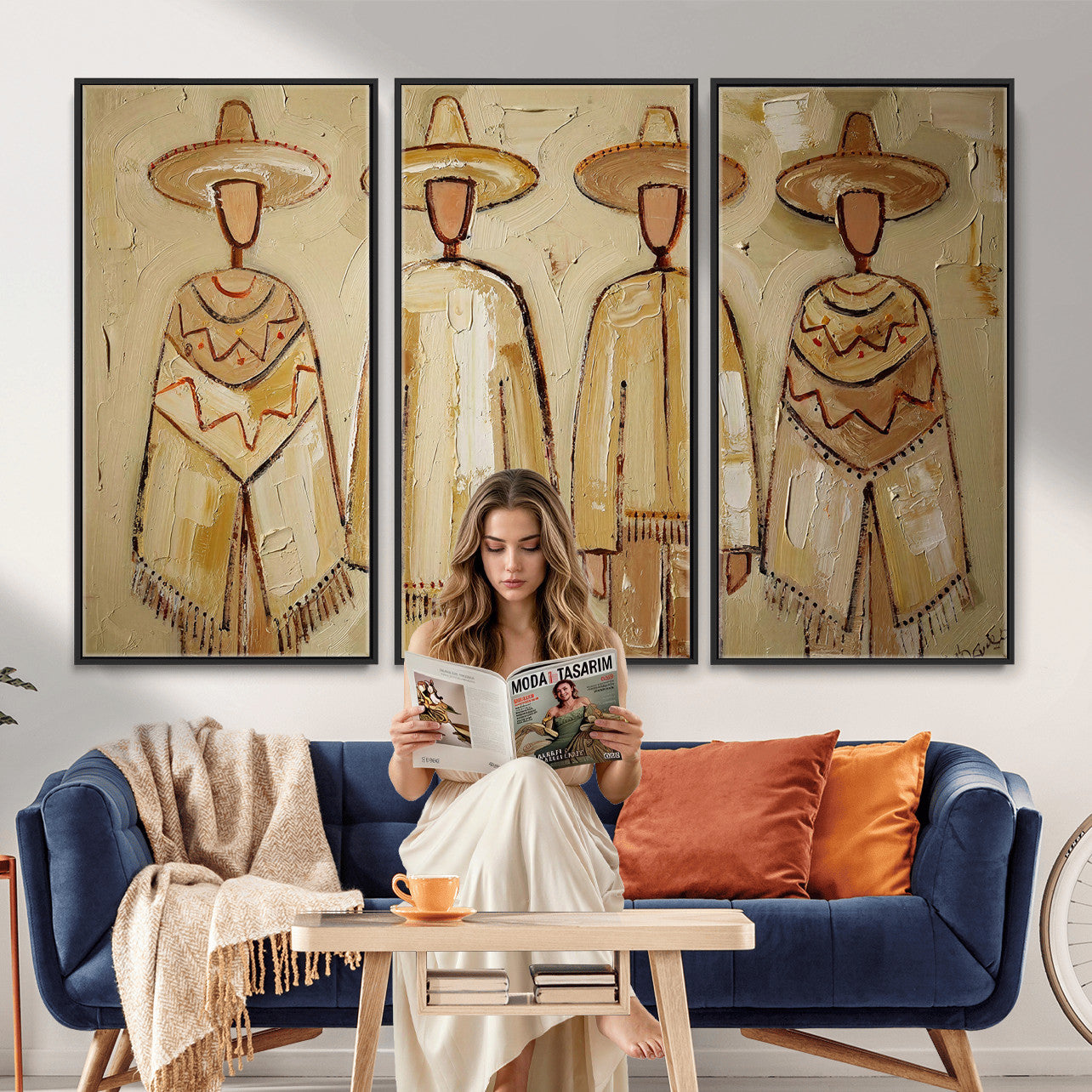 46071653-MGV-CV-36X24 - Mexican Folk Art Canvas Wall Art, Charro Poncho Sombrero Painting Print, Neutral Beige Boho Decor, Southwestern Impasto Style, Living Room Art