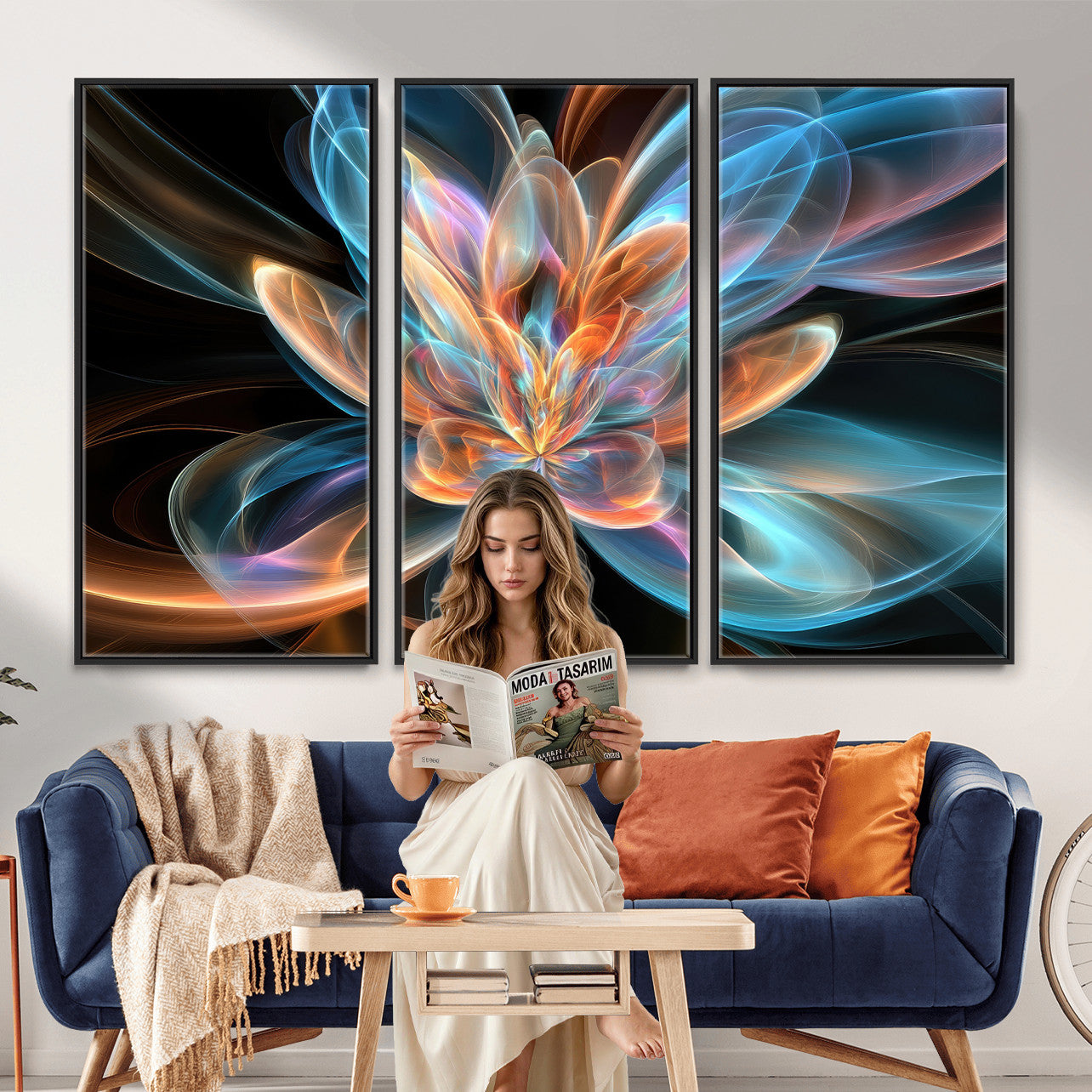 91902283-MGV-CV-36X24 - Fractal Lotus Canvas Wall Art, Blue Orange Glowing Flower Abstract Print, Modern Zen Meditation Room Decor, Ethereal Digital Art, Living Room