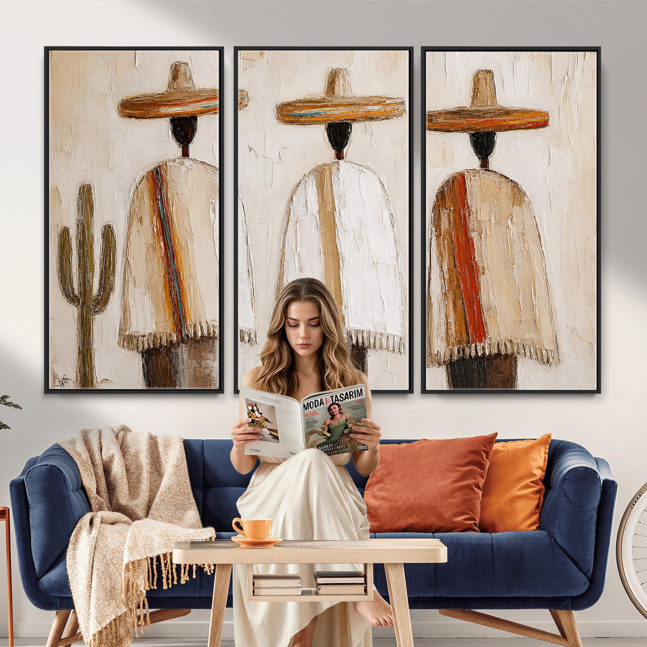 72884785-MGV-CV-36X24 - Mexican Folk Art Canvas Wall Art, Southwestern Sombrero Poncho Painting, Neutral Earthy Boho Decor, Fiesta Living Room Art, Impasto Style Print