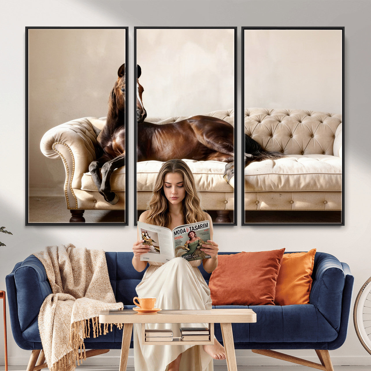 17716841-MGV-CV-36X24 - Funny Horse on Sofa Canvas Wall Art, Quirky Horse Lounging Photo Print, Whimsical Animal Decor, Living Room Conversation Art, Horse Lover Gift