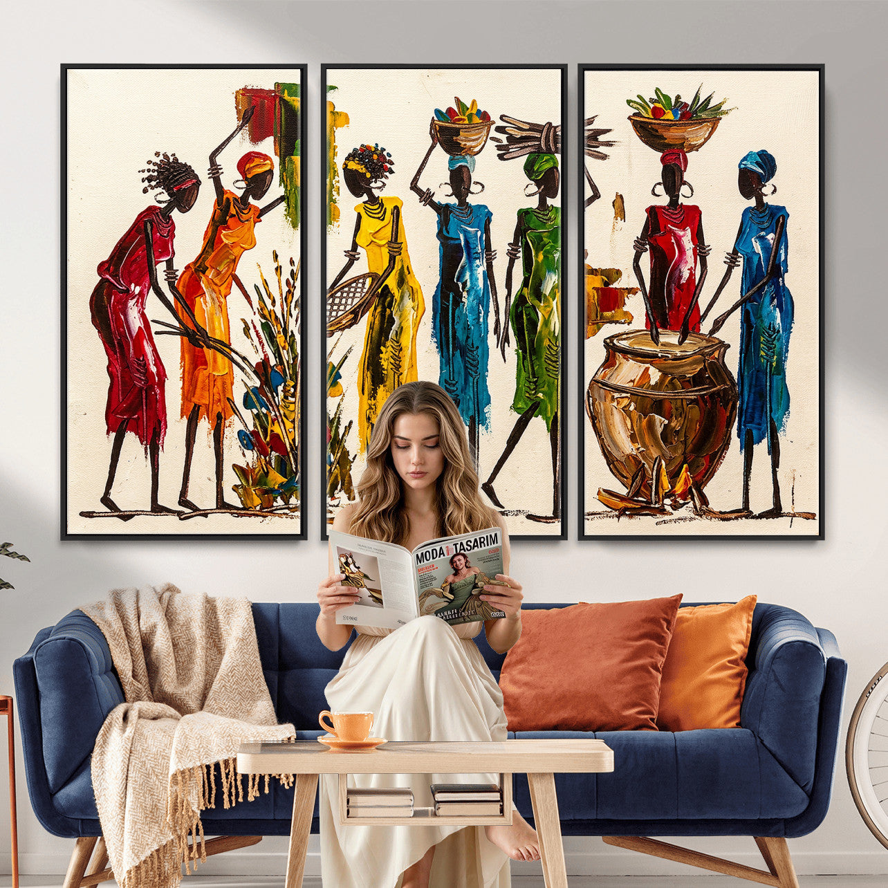 83463154-MGV-CV-36X24 - African Folk Art Canvas Wall Art, Colorful African Women Village Painting Print, Tribal Ethnic Home Decor, Vibrant African Art, Living Room