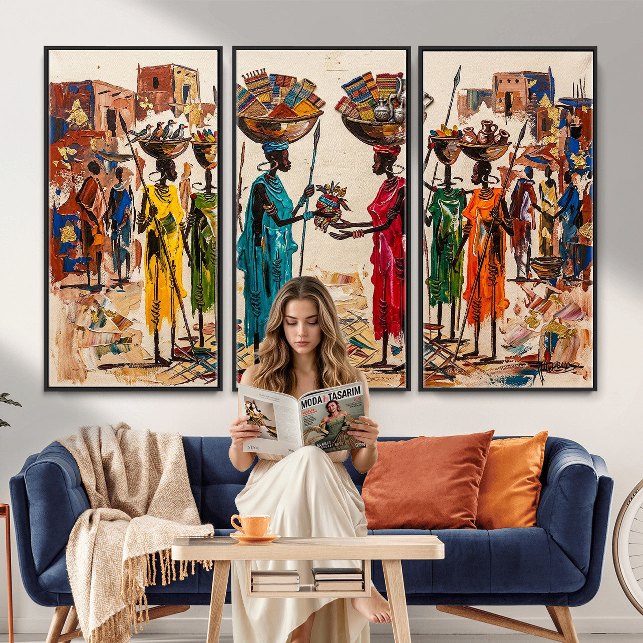 54818657-MGV-CV-36X24 - African Folk Art Canvas Wall Art, Colorful African Women Village Painting Print, Tribal Ethnic Home Decor, Vibrant African Art, Living Room
