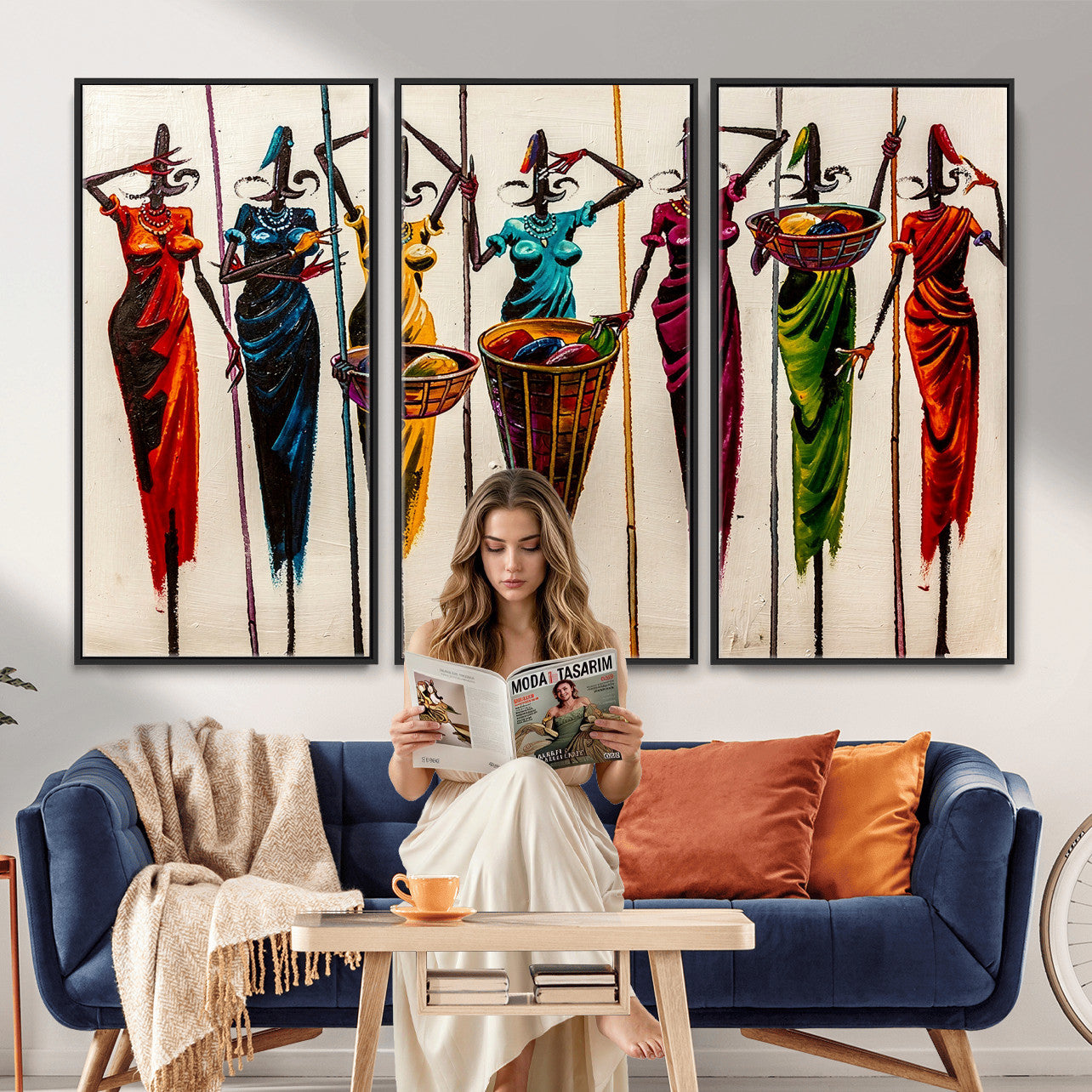 53545627-MGV-CV-36X24 - African Folk Art Canvas Wall Art, Colorful African Women Village Painting Print, Tribal Ethnic Home Decor, Vibrant African Art, Living Room