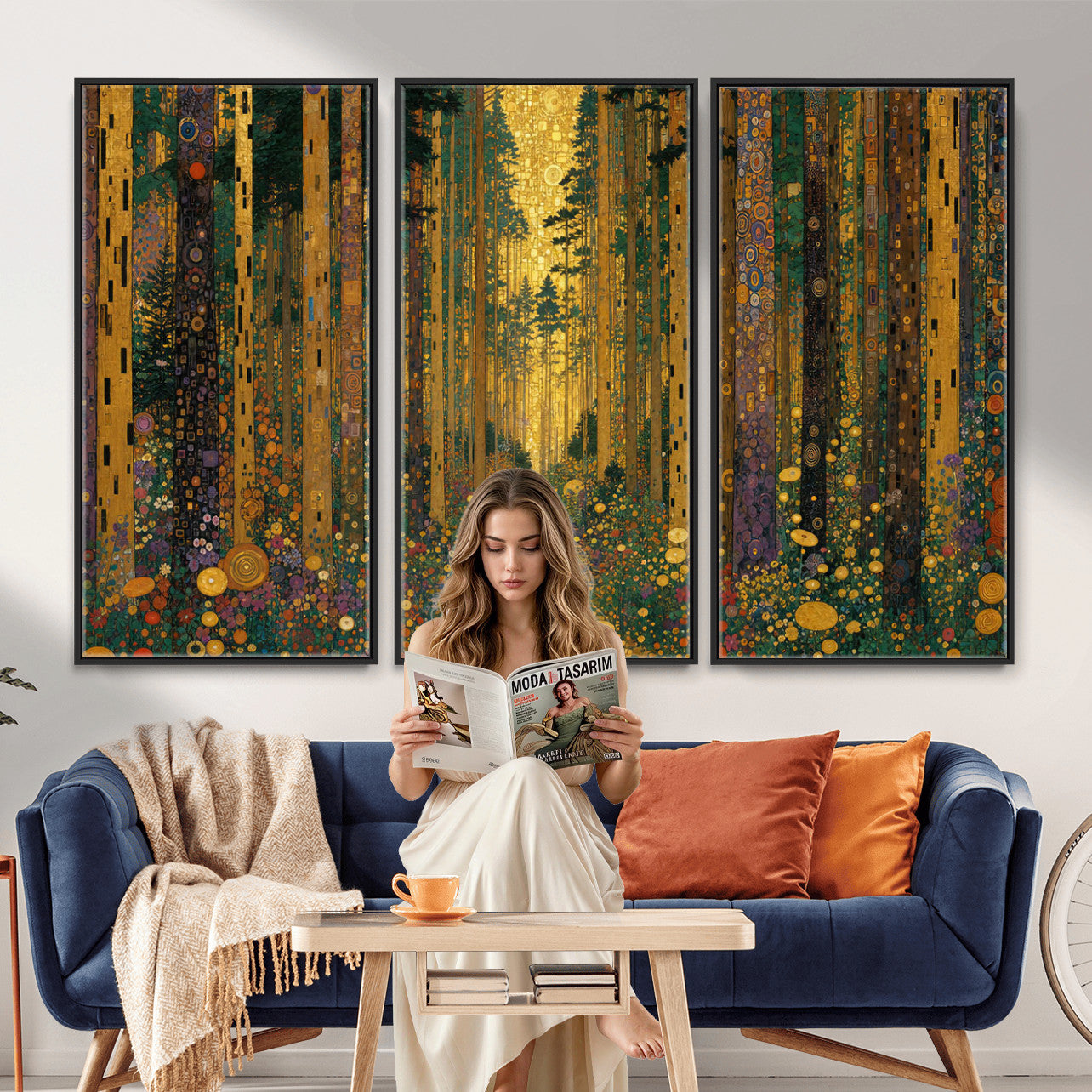 79483321G-MGV-CV-48X32-3P - Gustav Klimt Style Forest Canvas Wall Art, Golden Forest Path Floral Art Nouveau Print, Enchanted Woodland Decor