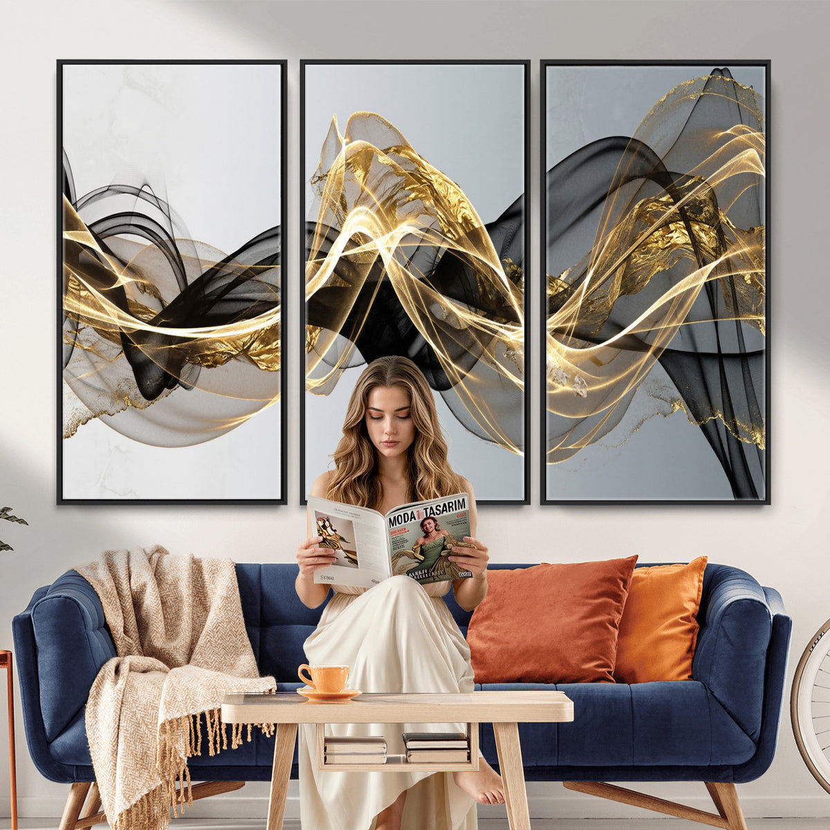 79483321DL-MGV-CV-36X24 - Black and Gold Abstract Wall Art, Modern Wave Canvas Print, Elegant Flowing Smoke Art, Luxury Living Room Decor