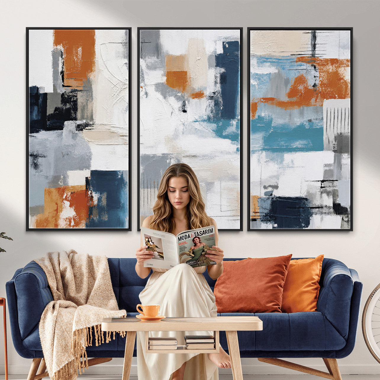 44950303-MGV-CV-36X24 - Blue Teal Abstract Canvas Wall Art, Modern Textured Painting Print, Navy Orange White Contemporary Art, Neutral Living Room Decor, Office Art