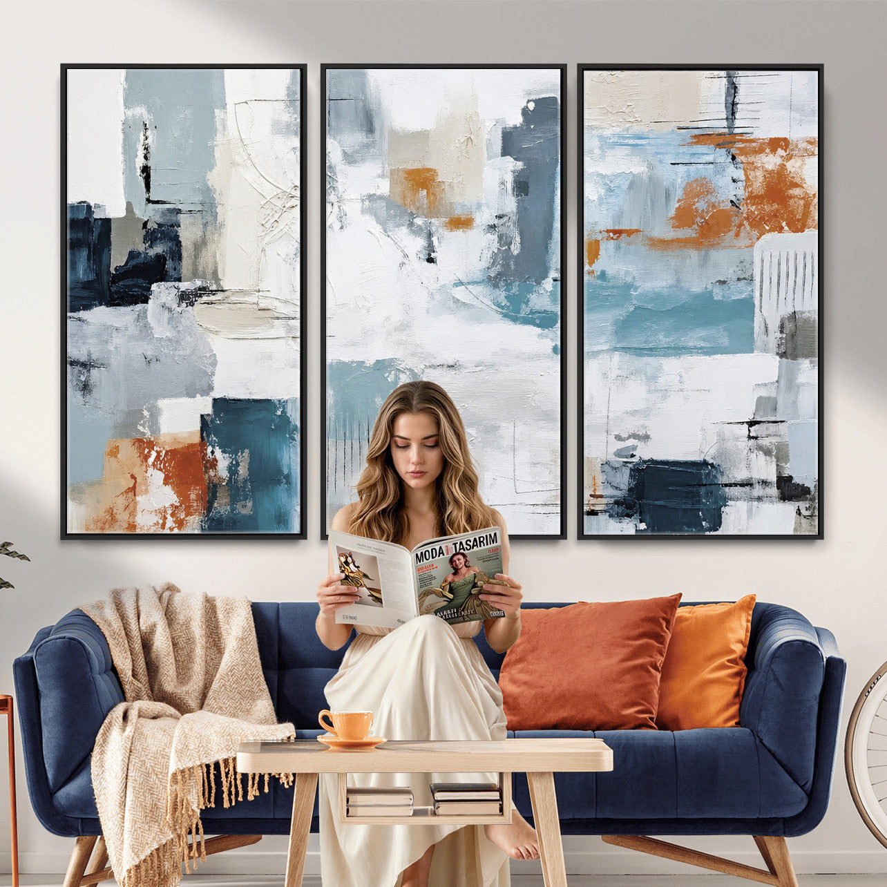 98638479-MGV-CV-36X24 - Blue Teal Abstract Canvas Wall Art, Modern Textured Painting Print, Navy Orange White Contemporary Art, Neutral Living Room Decor, Office Art