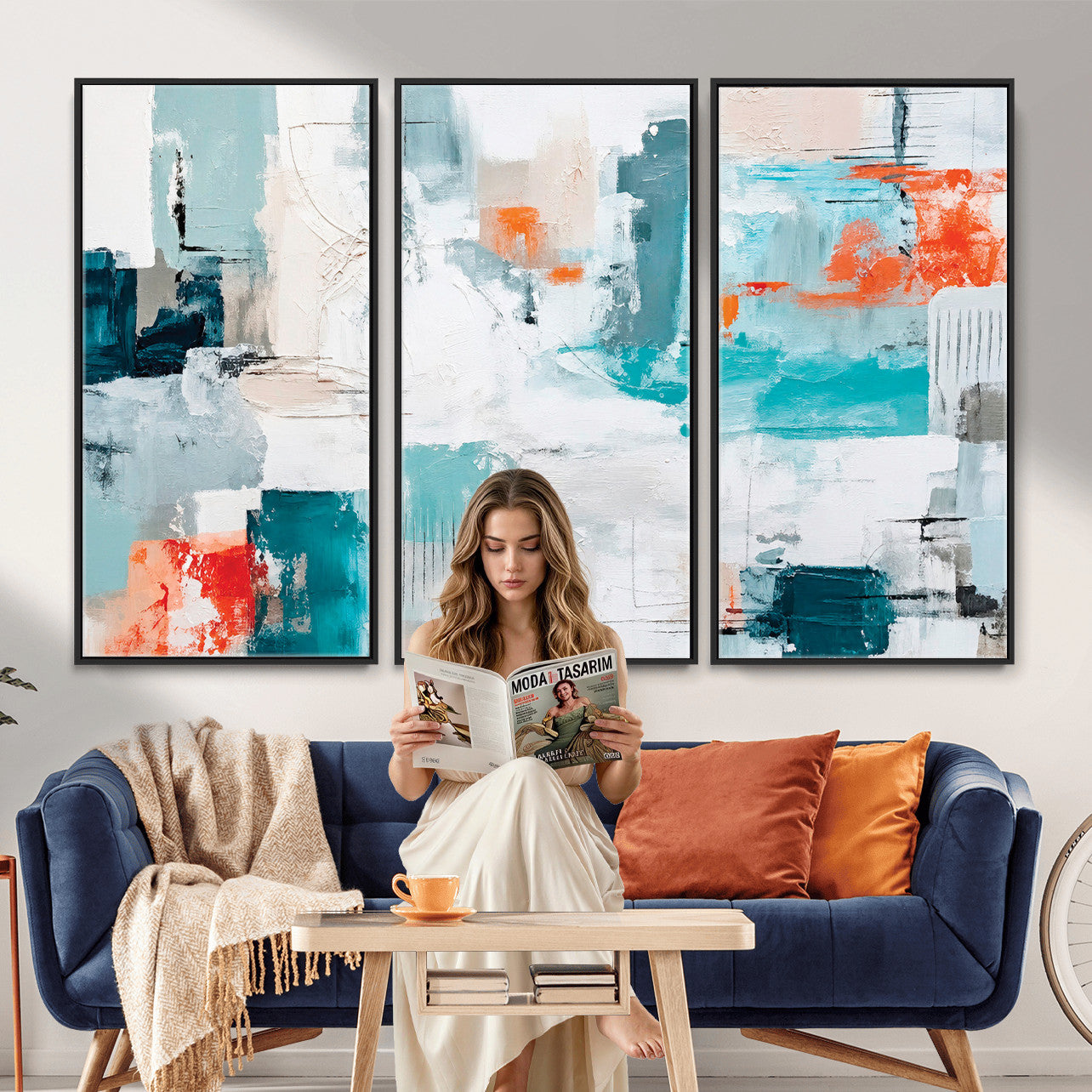 98638479-MGV-CV-36X24 - Blue Teal Abstract Canvas Wall Art | Modern Textured Painting Print, Navy Orange White Contemporary Art, Neutral Living Room Decor, Office Art