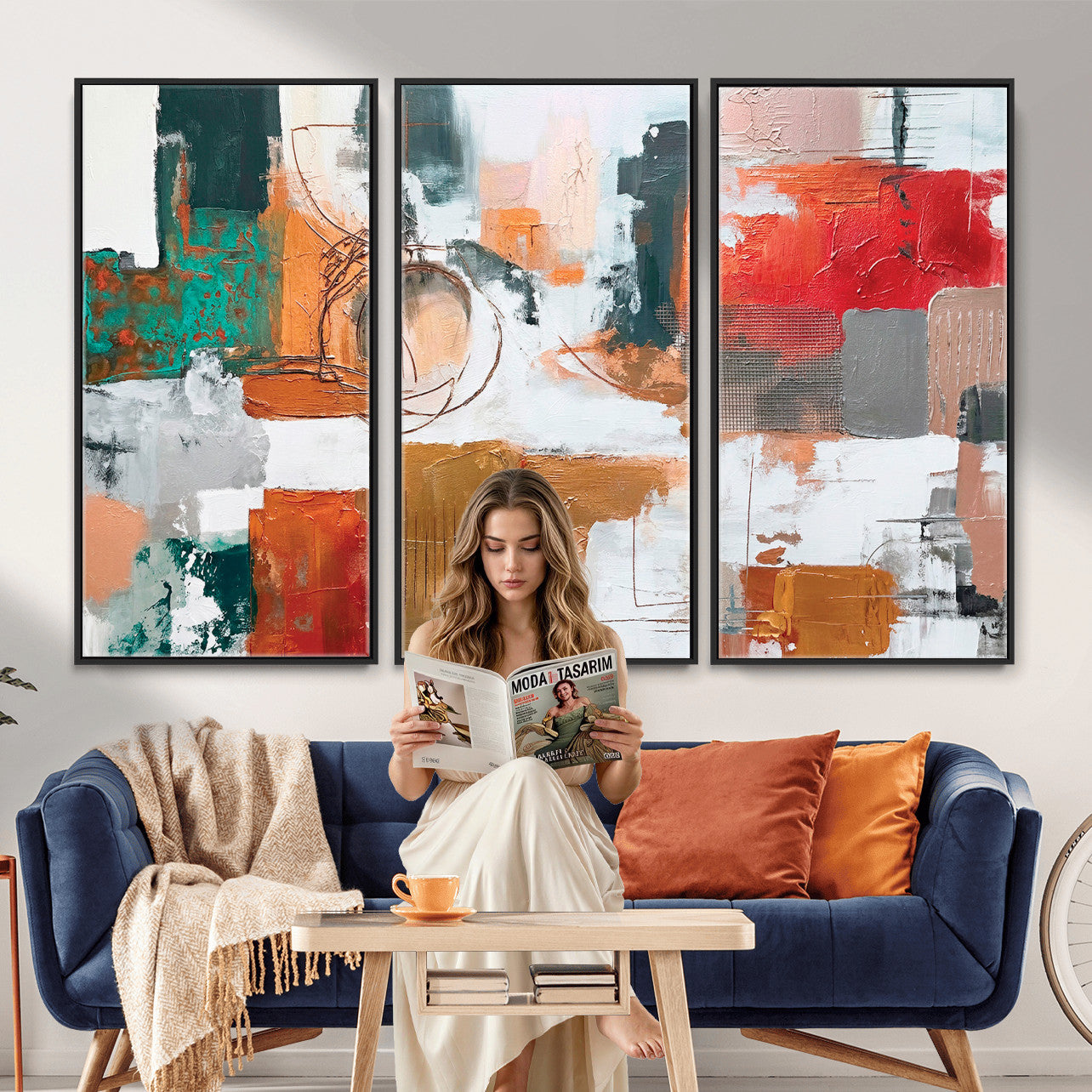 50720312-MGV-CV-36X24 - Blue Teal Abstract Canvas Wall Art | Modern Textured Painting Print, Navy Orange White Contemporary Art, Neutral Living Room Decor, Office Art.