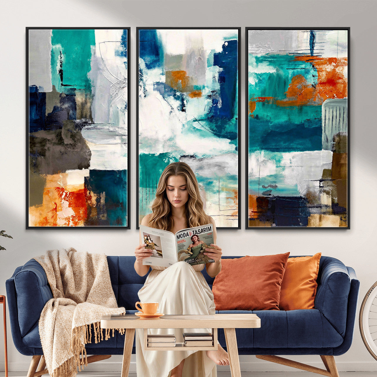 44038089-MGV-CV-36X24 - Blue Teal Abstract Canvas Wall Art, Modern Textured Painting Print, Navy Orange White Contemporary Art, Neutral Living Room Decor, Office Art