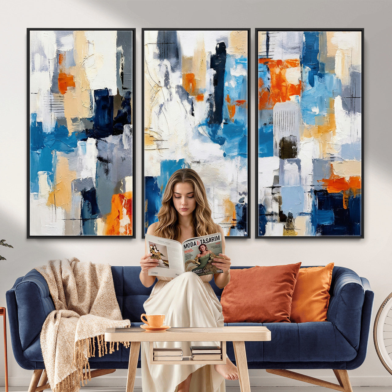 83915061-MGV-CV-36X24 - Blue Teal Abstract Canvas Wall Art, Modern Textured Painting Print, Navy Orange White Contemporary Art, Neutral Living Room Decor, Office Art