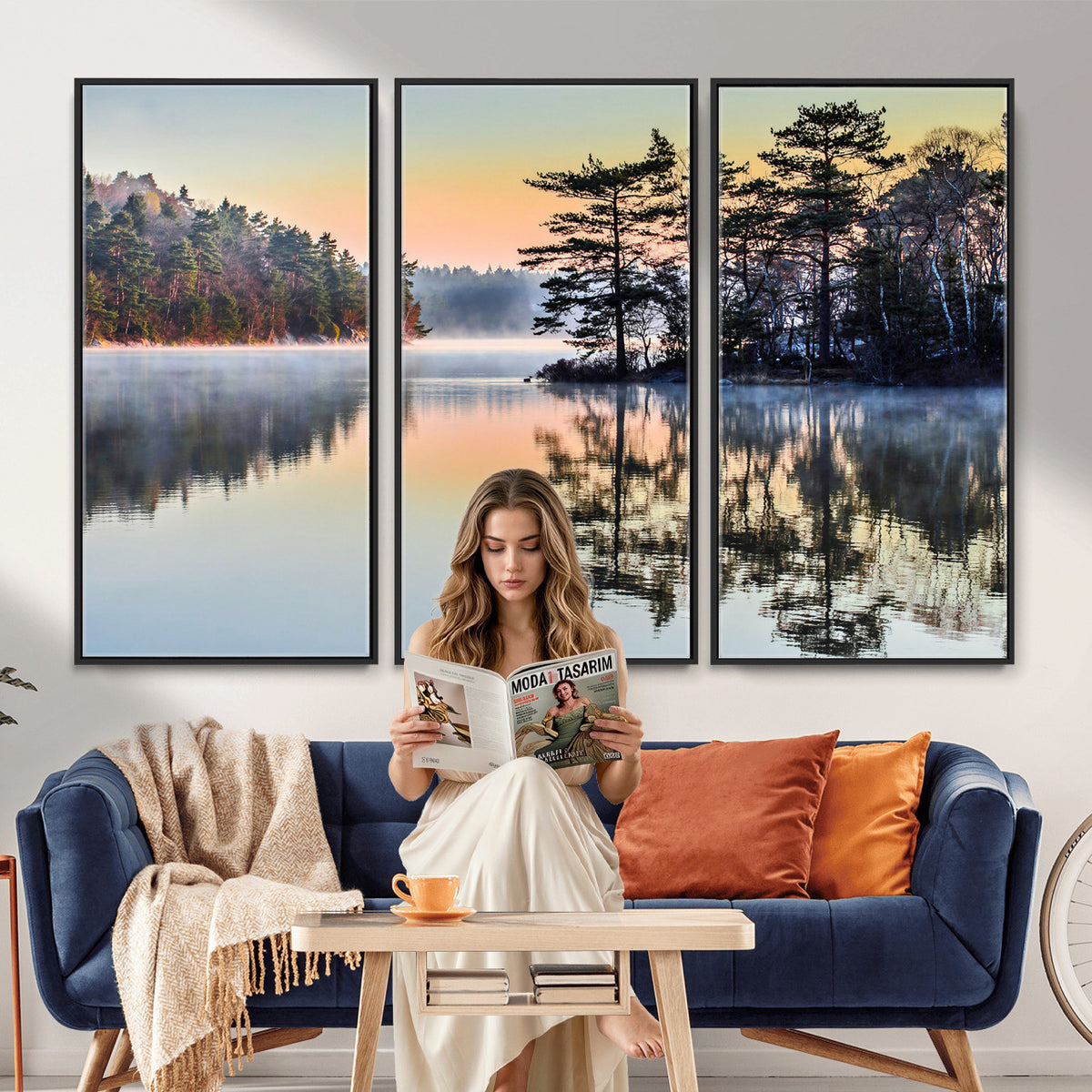 34236027-MGV-CV-36X24 - Before People Wake Canvas Wall Art Print, Misty Lake Sunrise Landscape, Forest Reflection Nature Decor, Ready to Hang