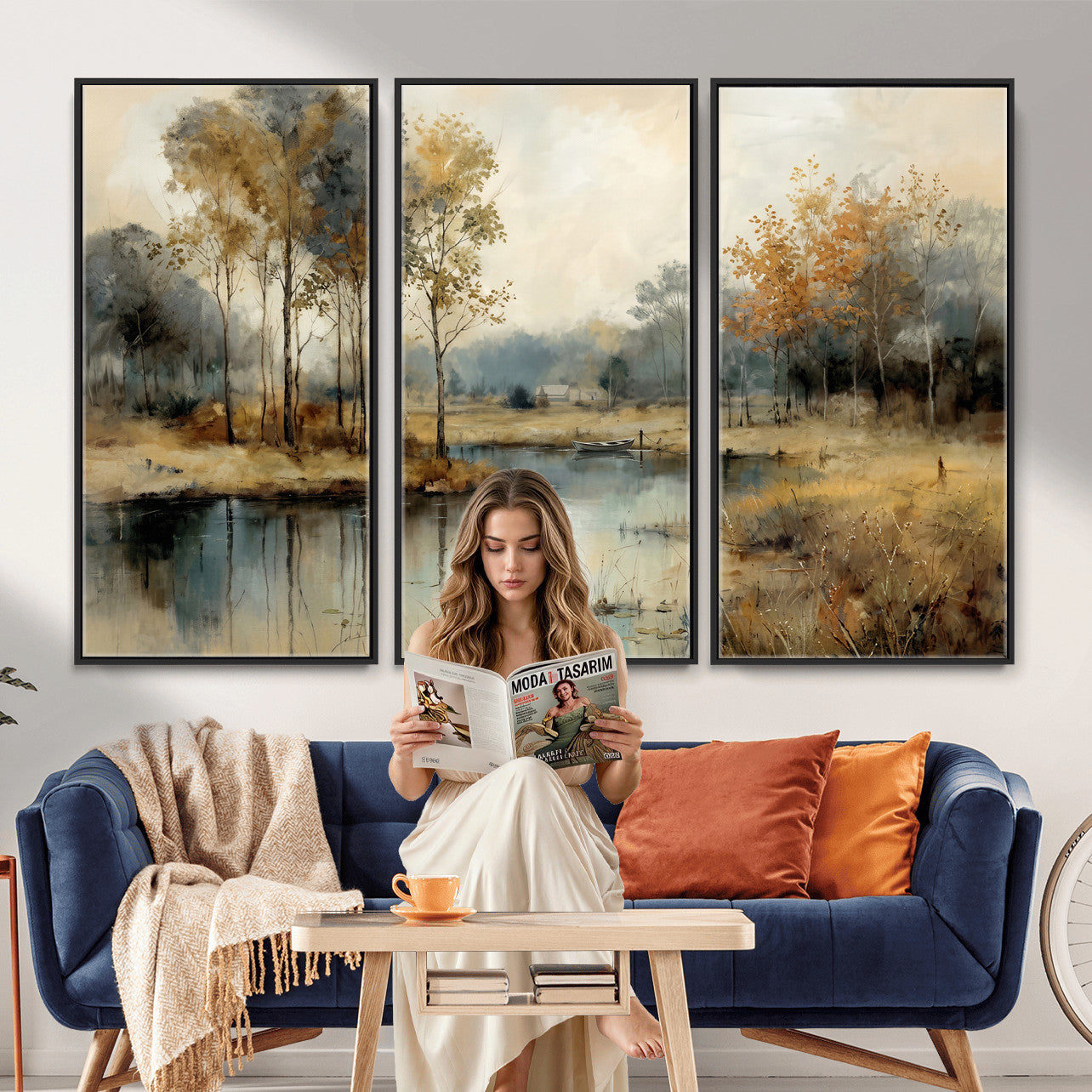 74391095-MGV-CV-36X24 - Abstract WatercolorAutumn Lake Canvas Wall Art Print, Misty Forest Landscape, Rustic Nature Painting, Cabin Wall Decor, Ready to Hang