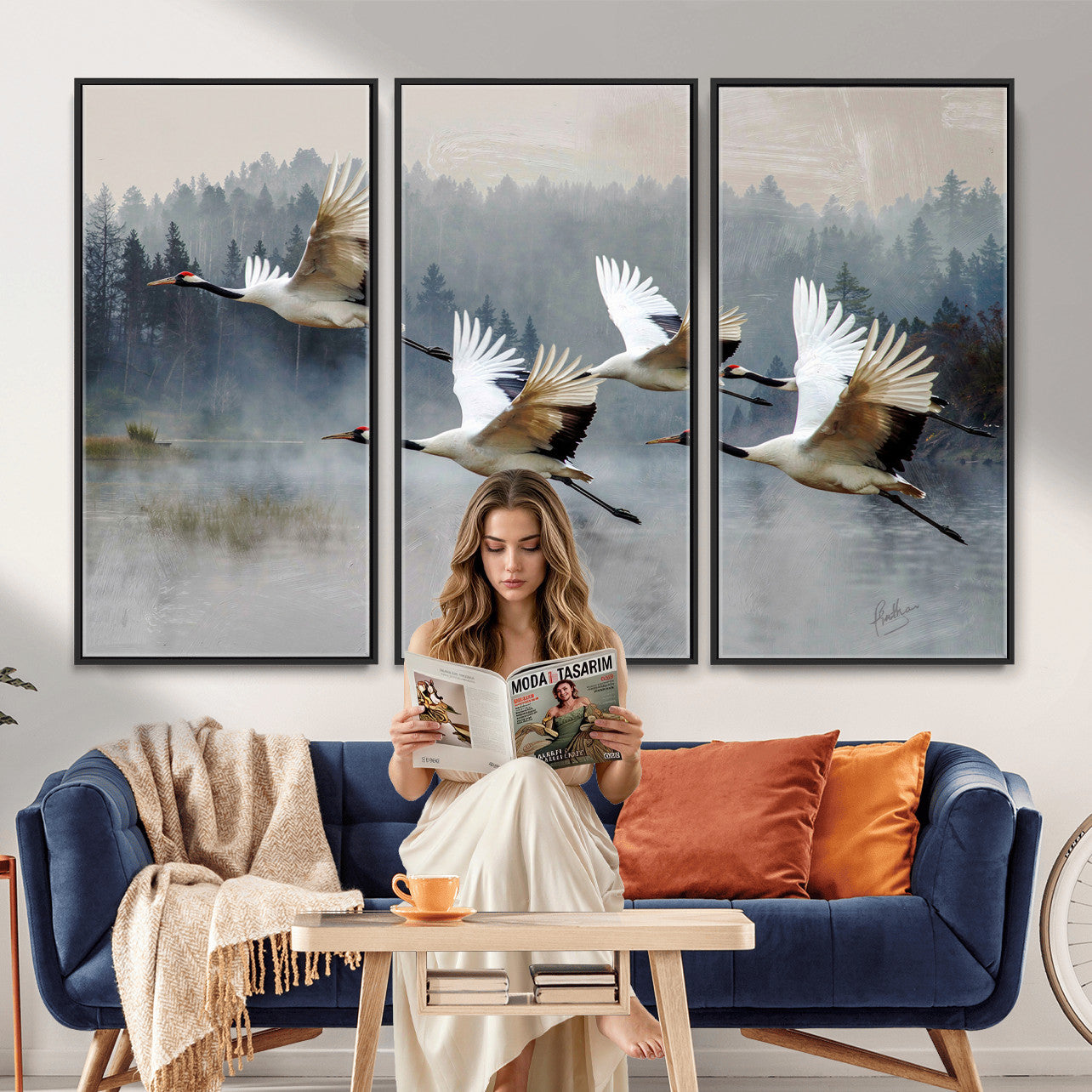 24356826-MGV-CV-36X24 - Flying Crane Canvas Wall Art Print, White Crane Bird Artwork, Wildlife Nature Decor, Lake Landscape Canvas, Ready to Hang