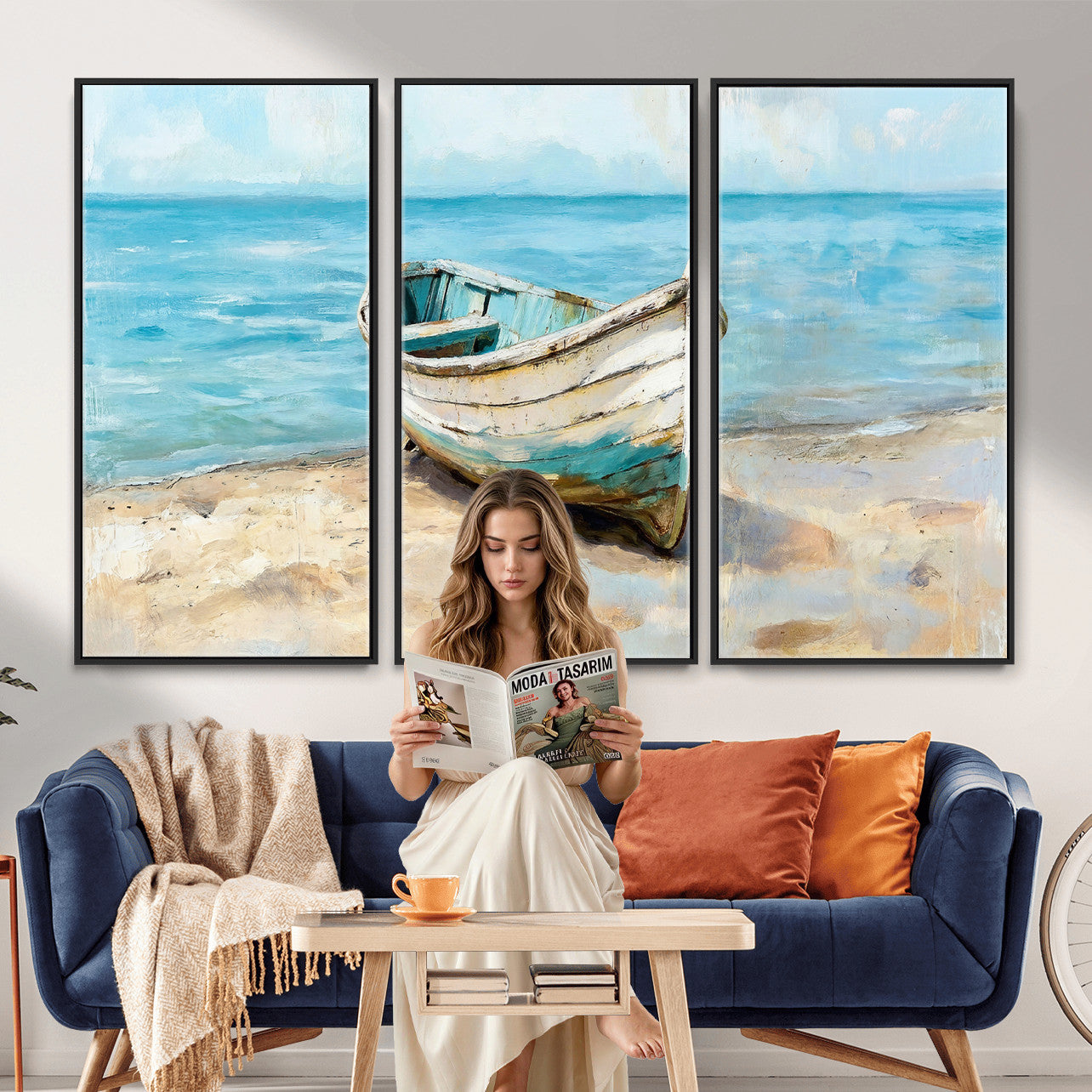 14780565-MGV-CV-36X24 - Coastal Boat Canvas Wall Art Print, Beach Boat Painting, Nautical Ocean Decor, Seascape Wall Art - Ready to Hang