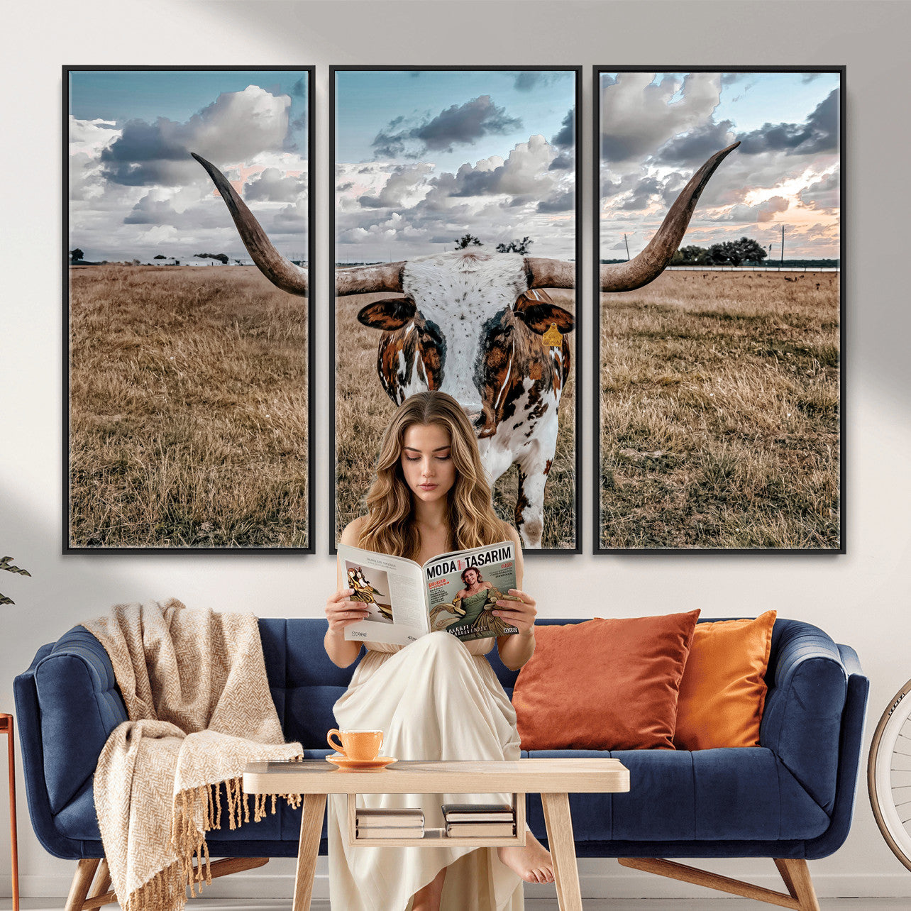 17464823-MGV-CV-36X24 - Texas Longhorn Canvas Wall Art Print, Western Cow Photography, Rustic Ranch Decor, Farmhouse Wall Art, Ready to Hang