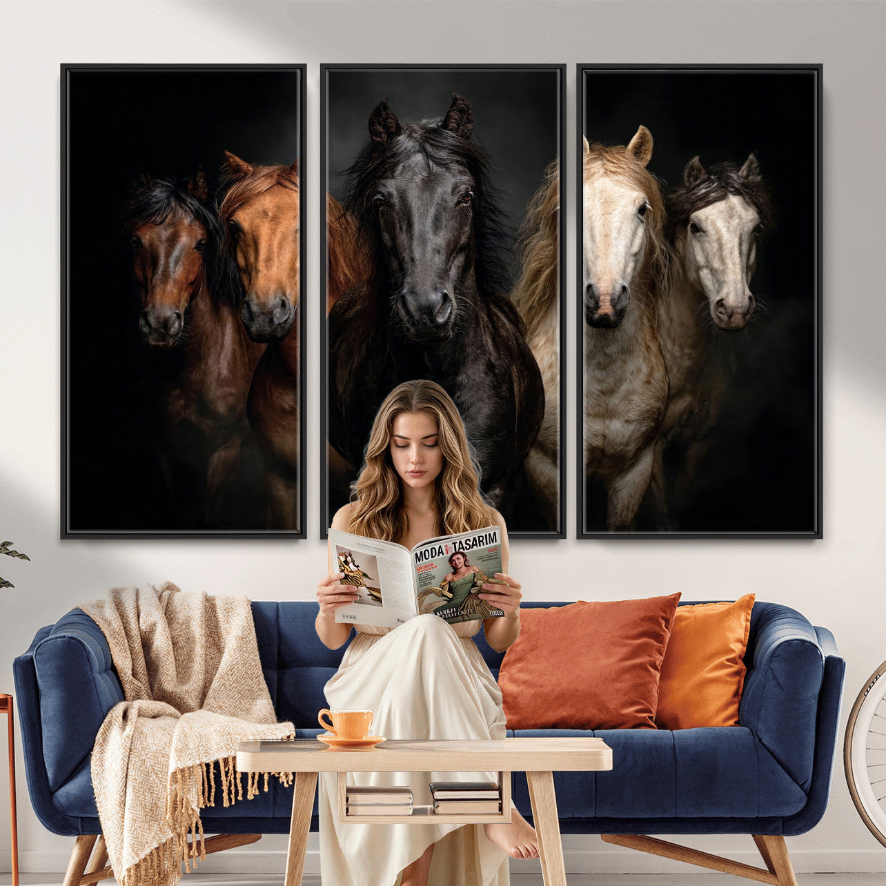 77696206-MGV-CV-36X24 - Horse Wall Art Canvas Print, Wild Horses Portrait Photography, Animal Horse Decor, Black Brown White Horse Herd, Rustic Ranch Art