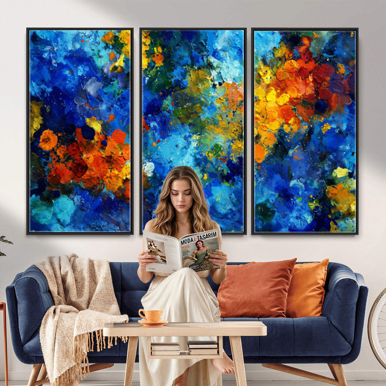 52431611-MGV-CV-36X24 - Vibrant Blue Abstract Canvas Wall Art Colorful Impasto Oil Painting Print