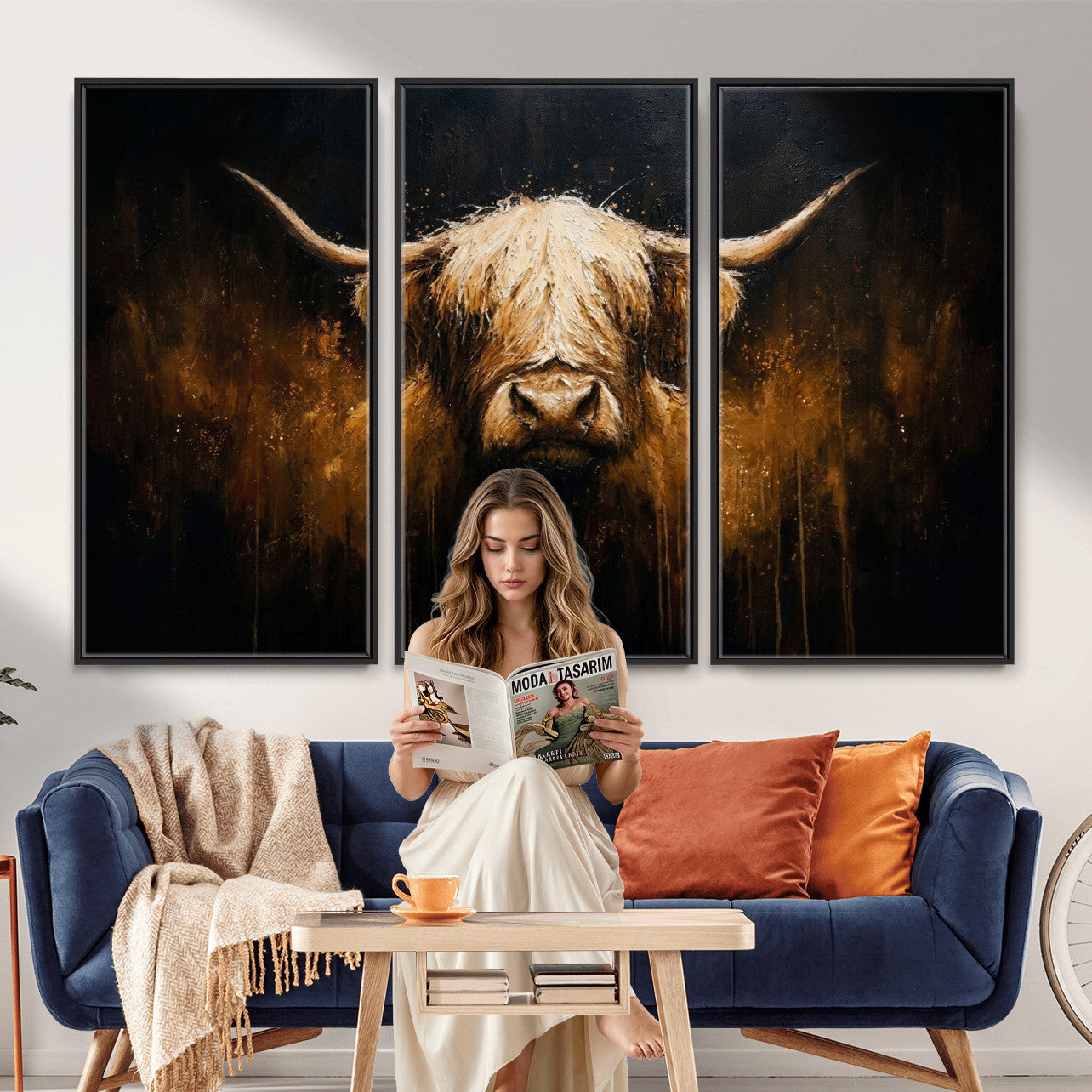 79873059-MGV-CV-36X24 - Rustic Highland Cow Canvas Print Dark Farmhouse Cattle Wall Decor