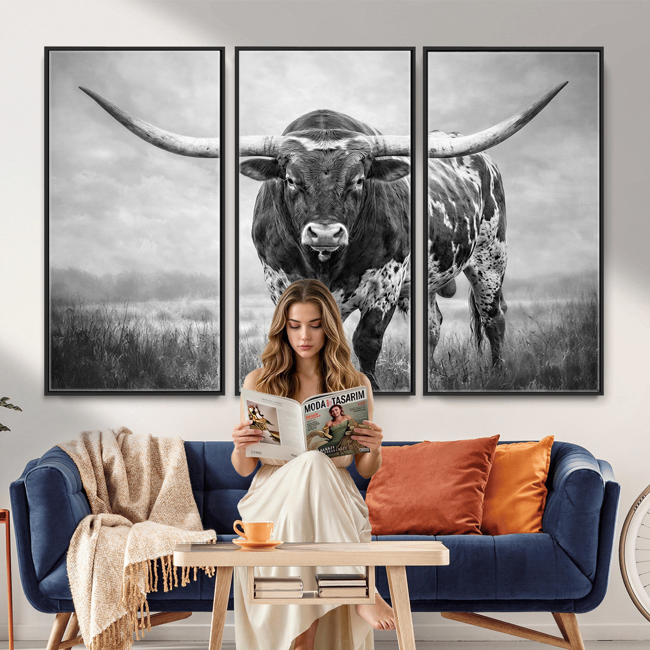 11121585-MGV-CV-36X24 - Texas Bull Wall Art Canvas Print for Farmhouse Restaurant Wall Decor