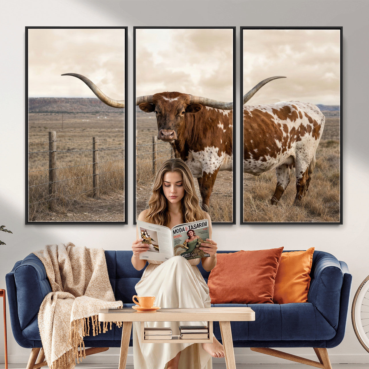 22808364-MGV-CV-36X24 - Texas Longhorn Cattle in Desert Pasture Wall Art Canvas Print - Rustic Western Decor