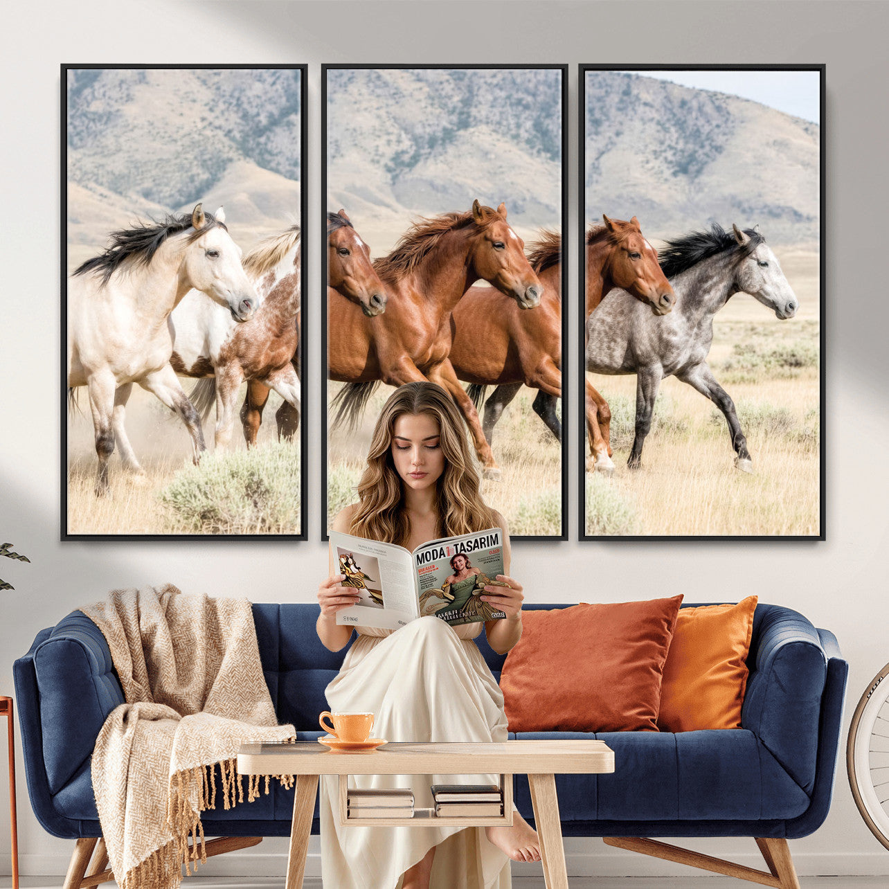 68345893-MGV-CV-36X24 - Five Mustangs Running Wild in Mountain Valley Wall Art Canvas Print - Rustic Western Decor